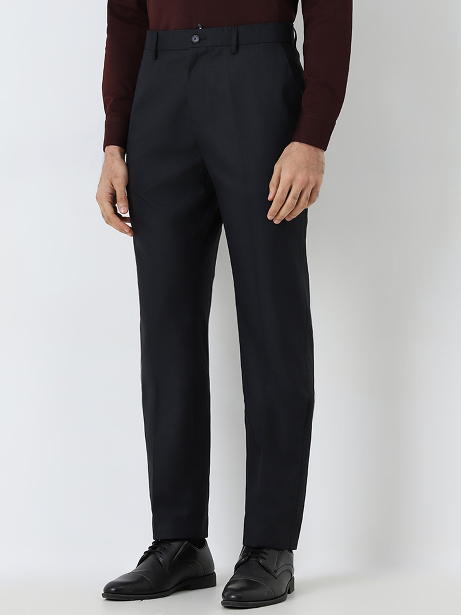 WES Formals by Westside Black Solid Relaxed-Fit Mid-Rise Trousers
