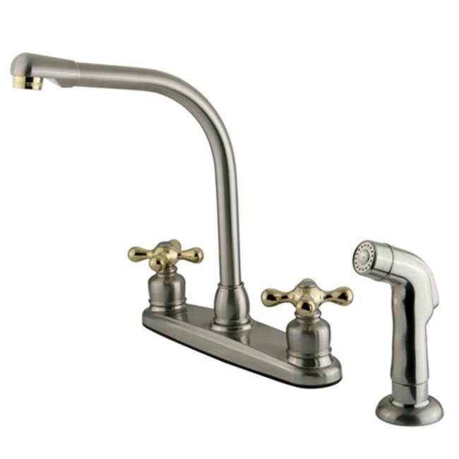 Kingston Brass GKB718AXSP Water Saving Victorian High Arch Kitchen Faucet with Cross Handles and Sprayer, Satin Nickel with Polished Brass