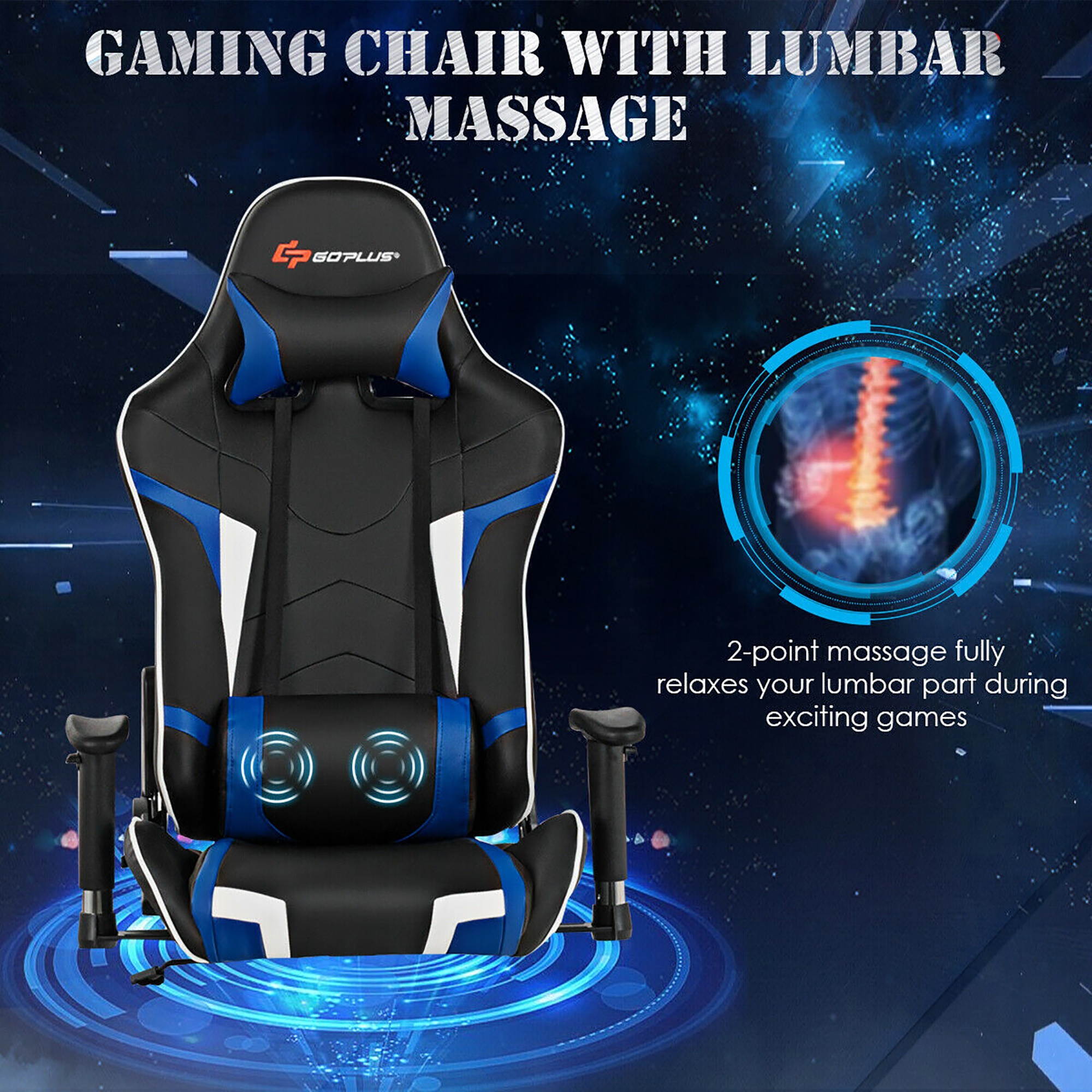 Goplus Gaming Computer Desk&Massage Gaming Chair Set w/Monitor Shelf Power Strip Blue