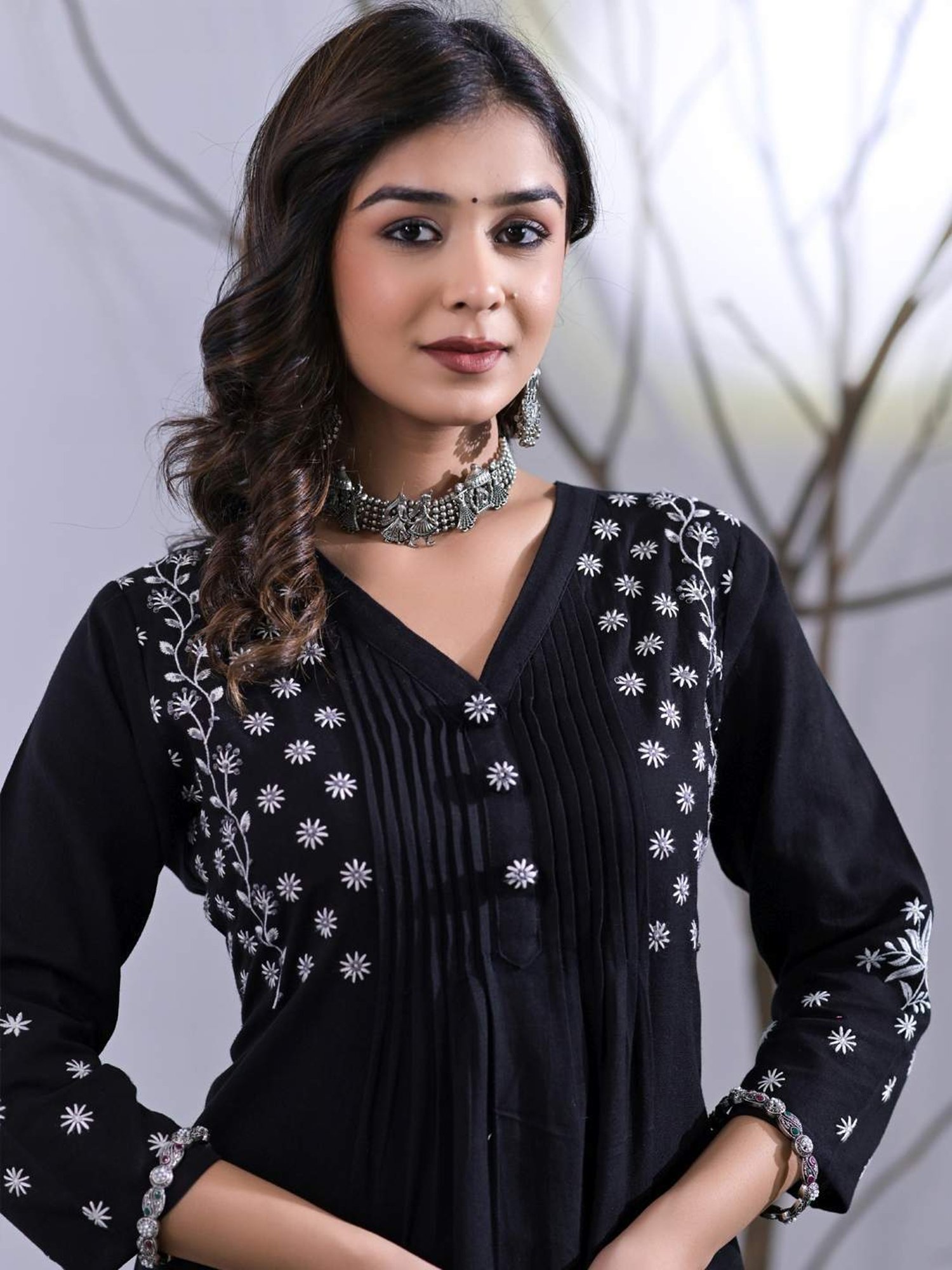 READIPRINT FASHIONS Black Embroidered Tunic Palazzo Set