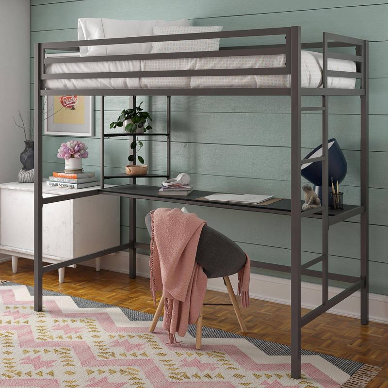 Twin Maxwell Metal Loft Bed with Desk & Shelves Gray/Black - Novogratz