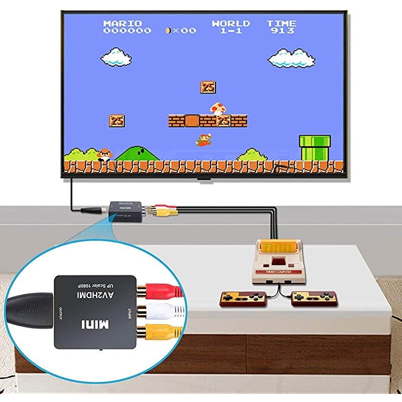 to HDMI Converter 1080P Composite CVBS AV to HDMI Video Audio Converter Adapter Supporting PALNTSC with USB Power Cable for PS2 Wii Xbox SNES N64 VHS VCR Camera DVD Black