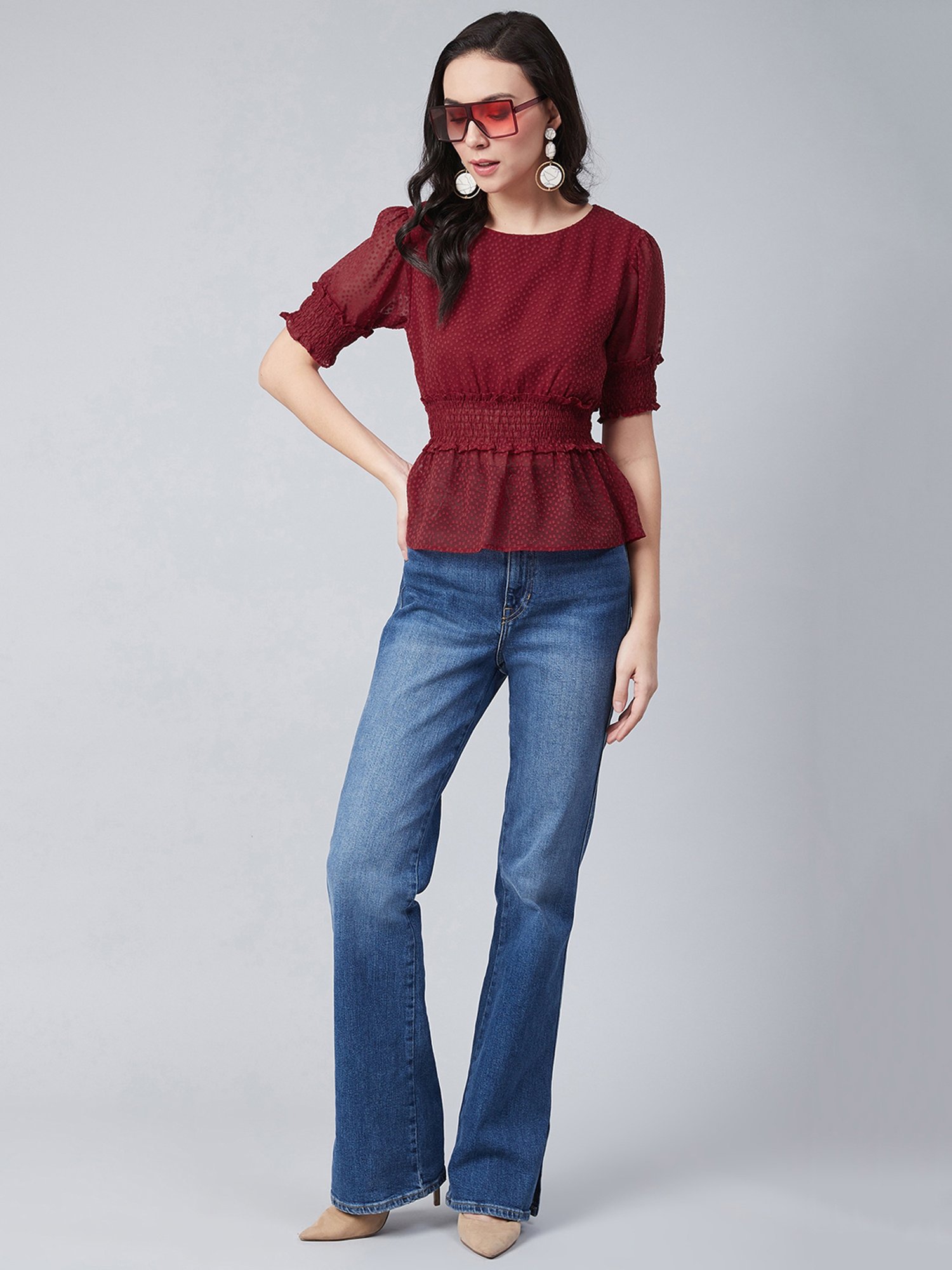 Marie Claire Maroon Self Design Top