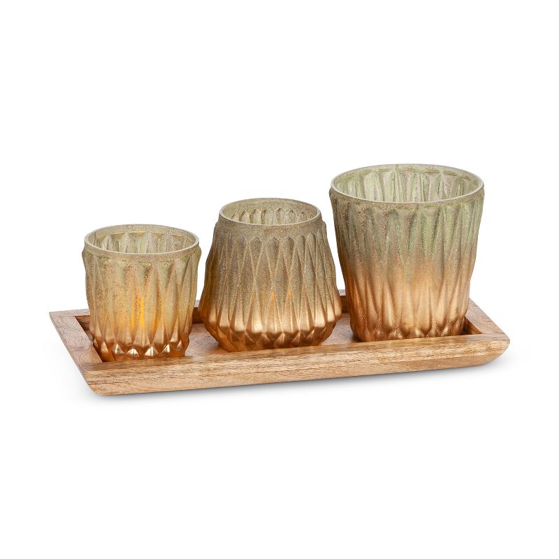 Lone Elm Studios Set of 3 Votive Holders with Mango Wood Tray