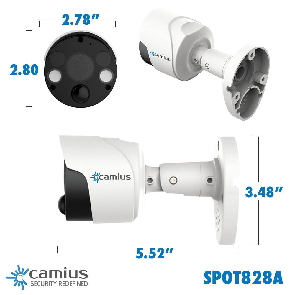 2-Pack Camius SPOT828A Smart 4K Security IP Camera 2-way Audio, powerful security spotlights, Siren, PoE wired, Color night vision, PC, mac software, browser, app, RTSP, works with 12V DC, IP66