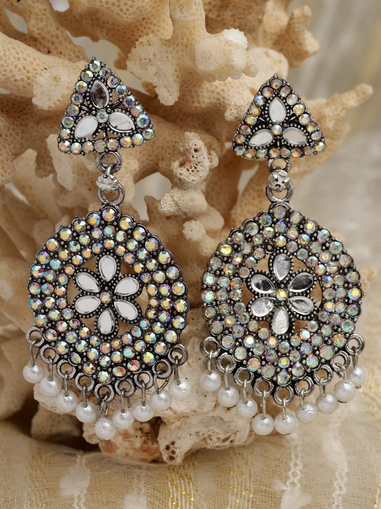 Moedbuille Crystal Studded Antique Design Silver-Plated Handcrafted Chand Bali Earrings