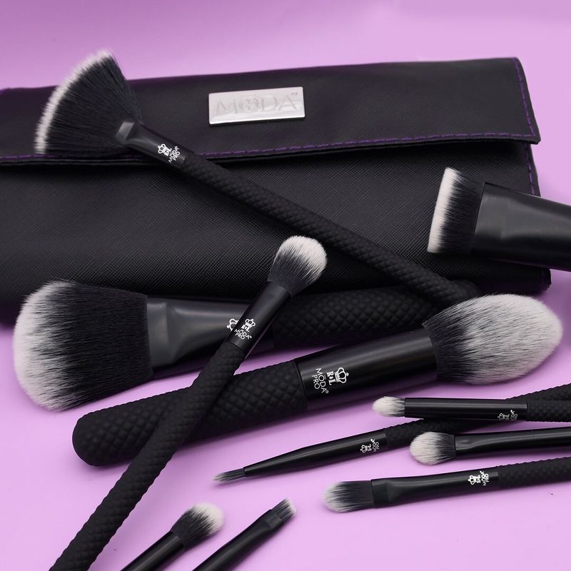 MODA Brush Pro Full Face 25pc Black Makeup Brush Set with Wrap, Includes - Powder, Angle Blush, Highlight, and Crease Brushes
