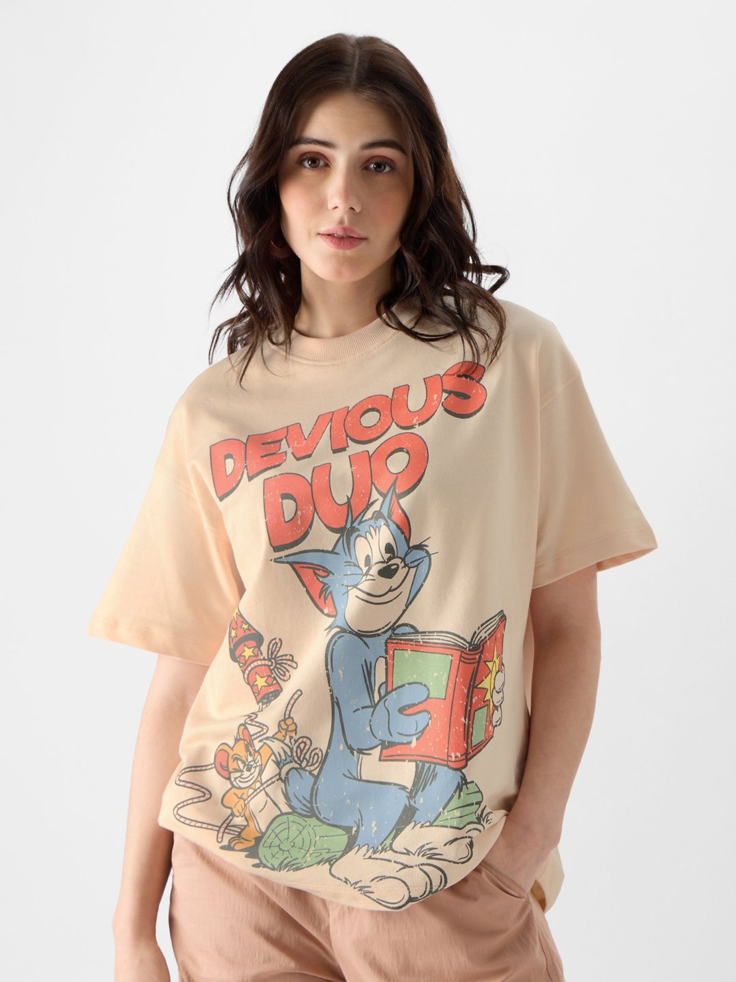 The Souled Store Beige Cotton Graphic Print Oversized T-Shirt