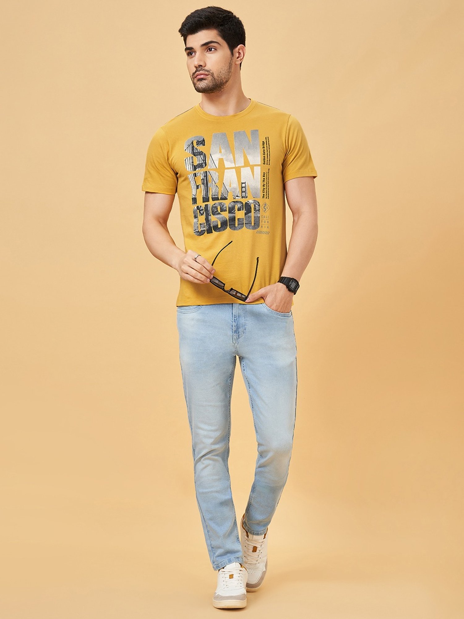 Sf Jeans By Pantaloons Yellow Slim Fit Printed T-Shirt