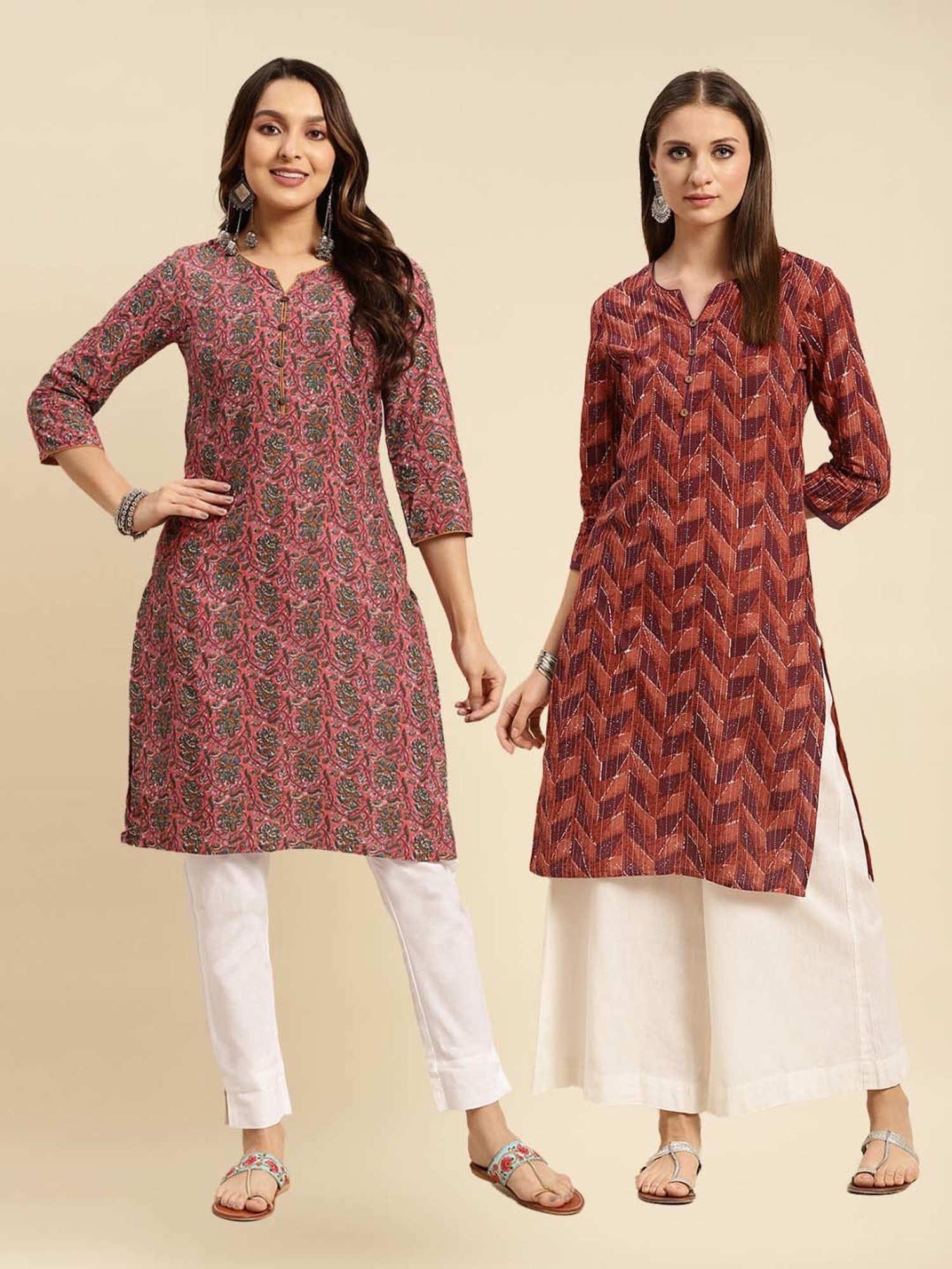 Rangita Pink & Brown Cotton Printed Straight Kurta - Pack Of 2