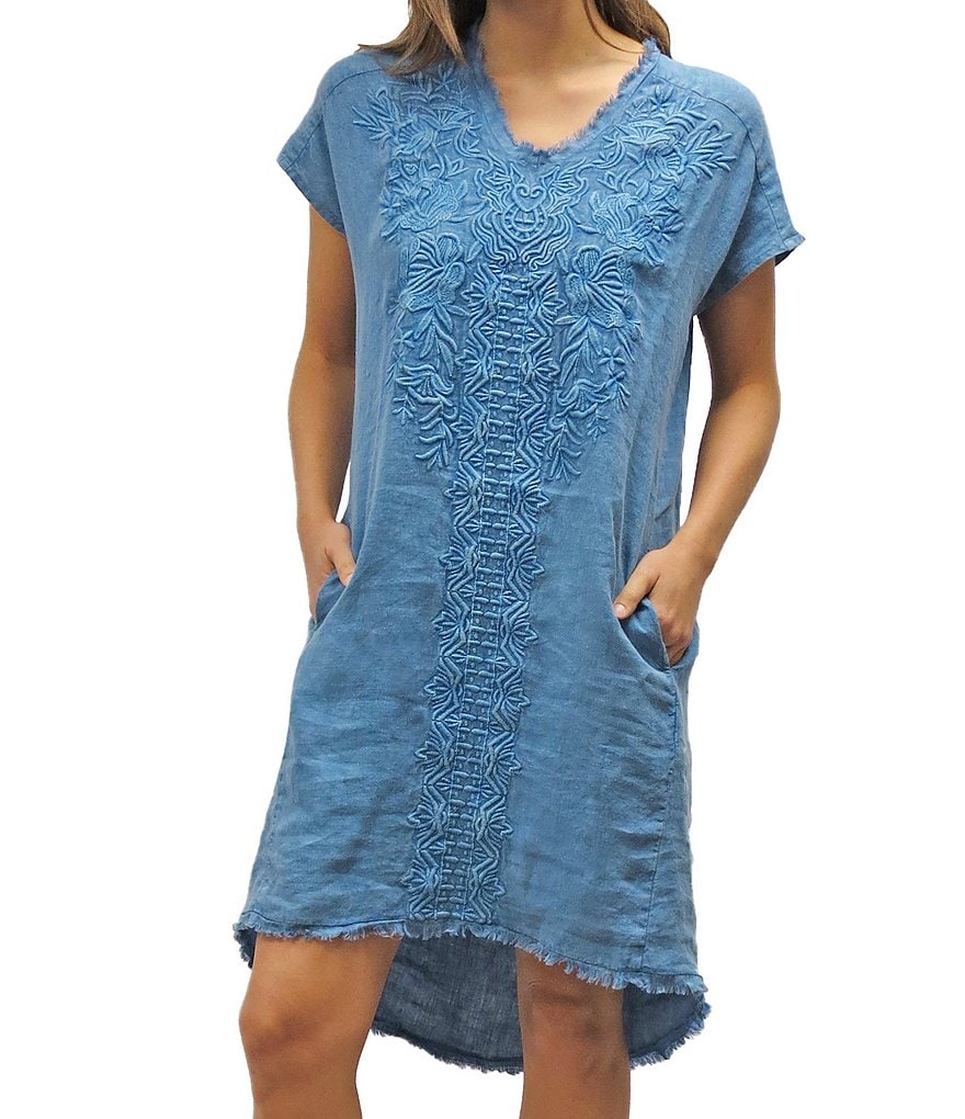 Karyn Seo Emilia Embroidered Linen Raw Hi-Low Hem Tunic Dress