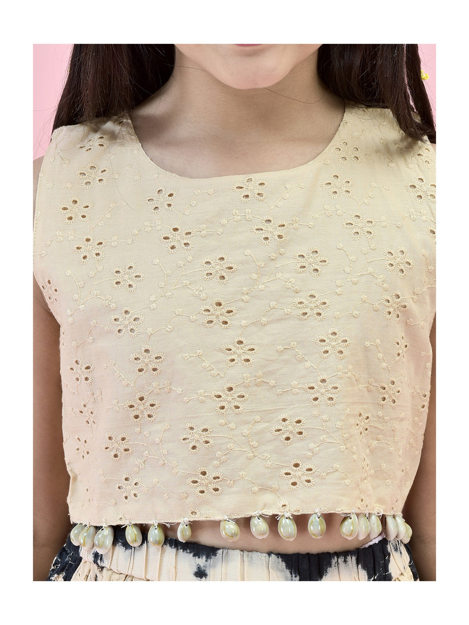 Juniper Girls Beige & Black Self Design Crop Top With Skirt