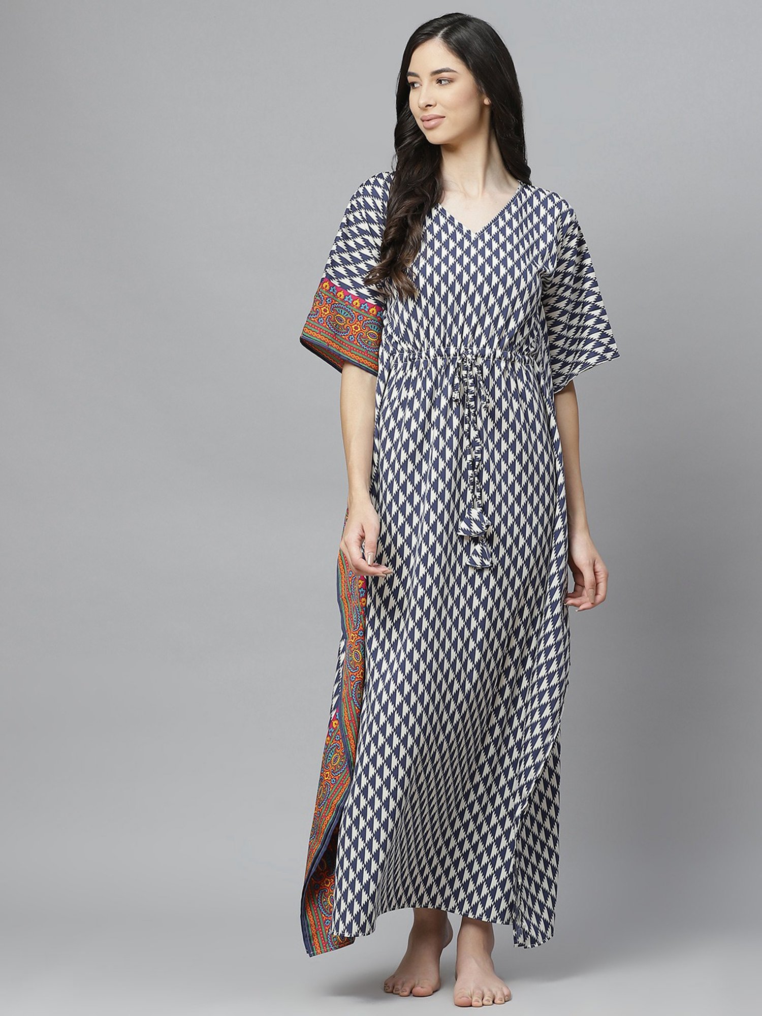 Cottinfab White & Blue Printed Kaftan Nighty