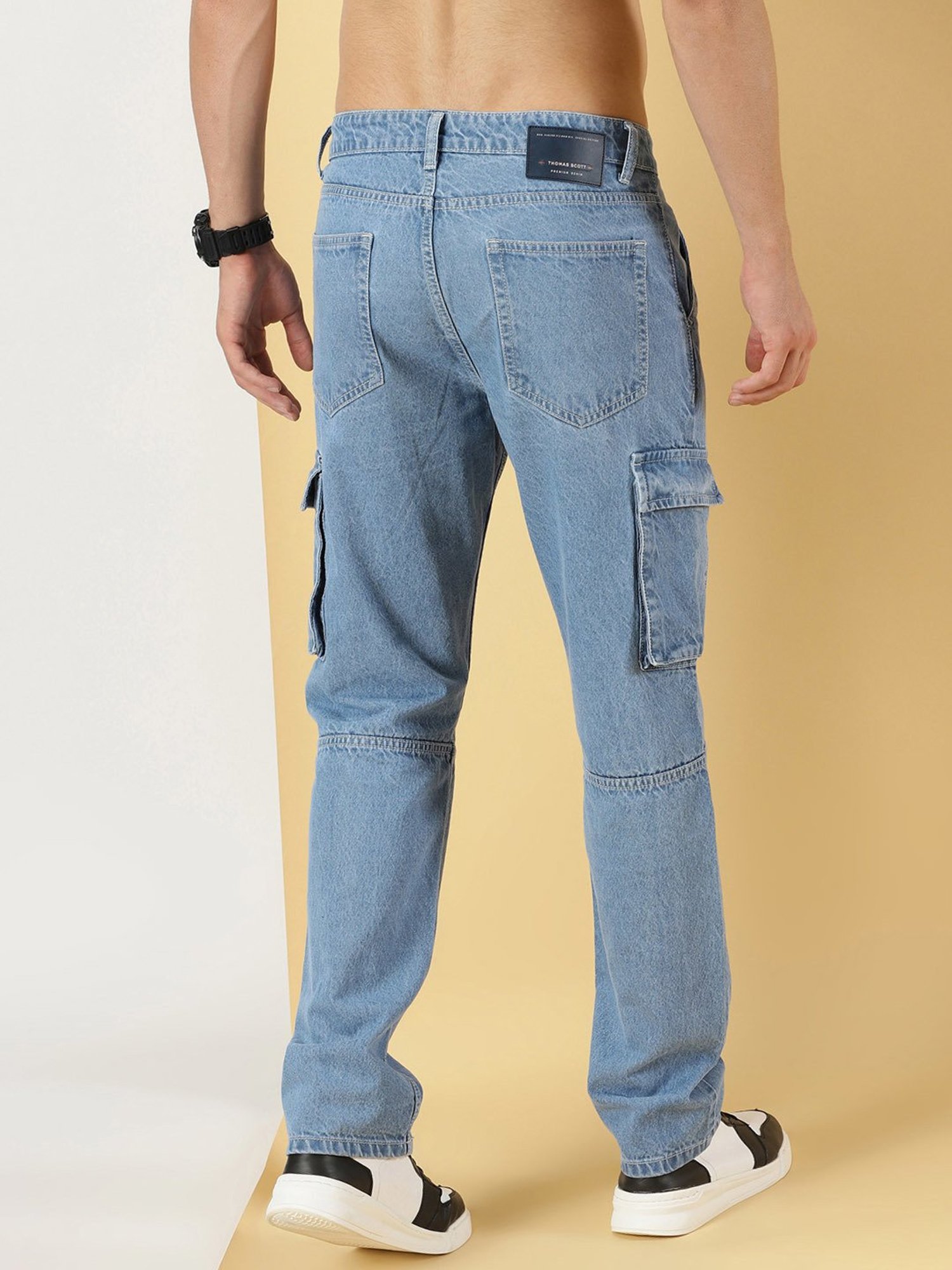 Thomas Scott Light Blue Relaxed Fit Lightly Washed Cargo Jeans