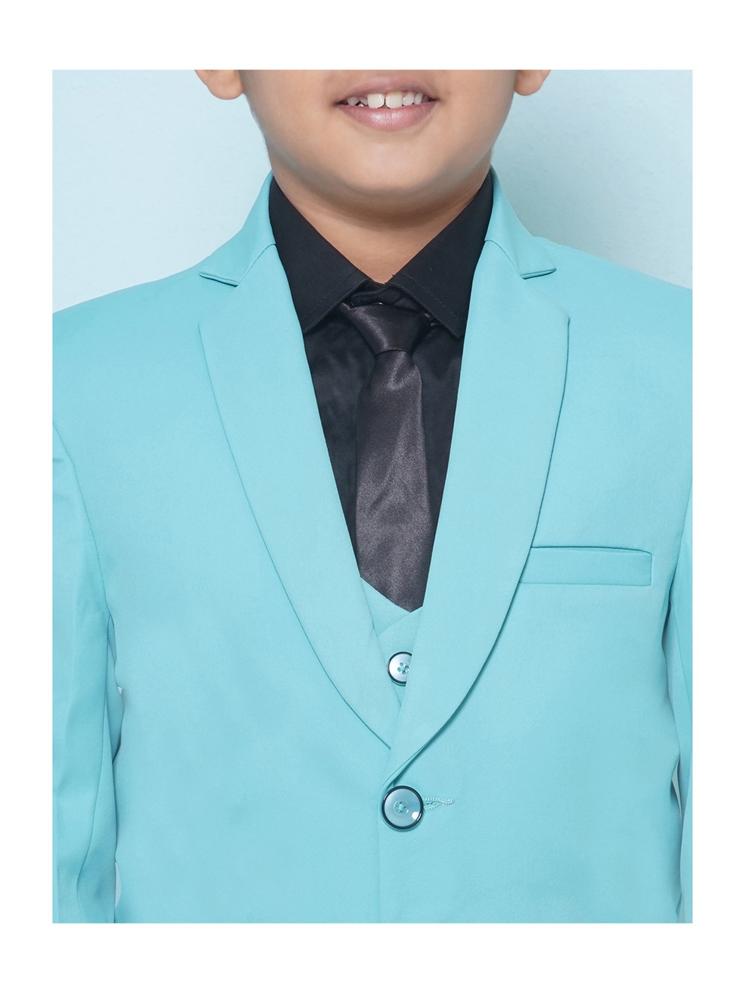 AJ Dezines Kids Sky Blue & Black Solid Full Sleeves Shirt, Pants, Coat, Waistcoat with Tie