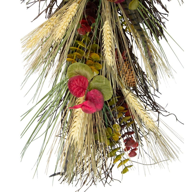 Northlight 24" Autumn Harvest Wheat and Eucalyptus with Feathers Teardrop Swag - Unlit