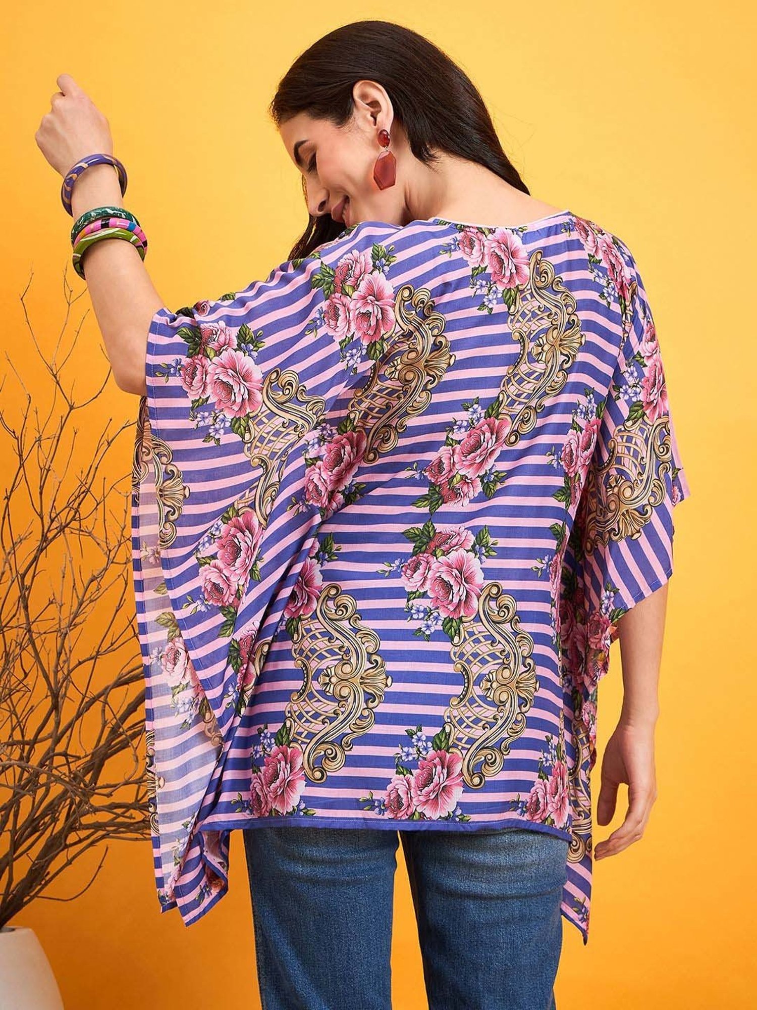 The Kaftan Company Blue Cotton Striped Kaftan Top