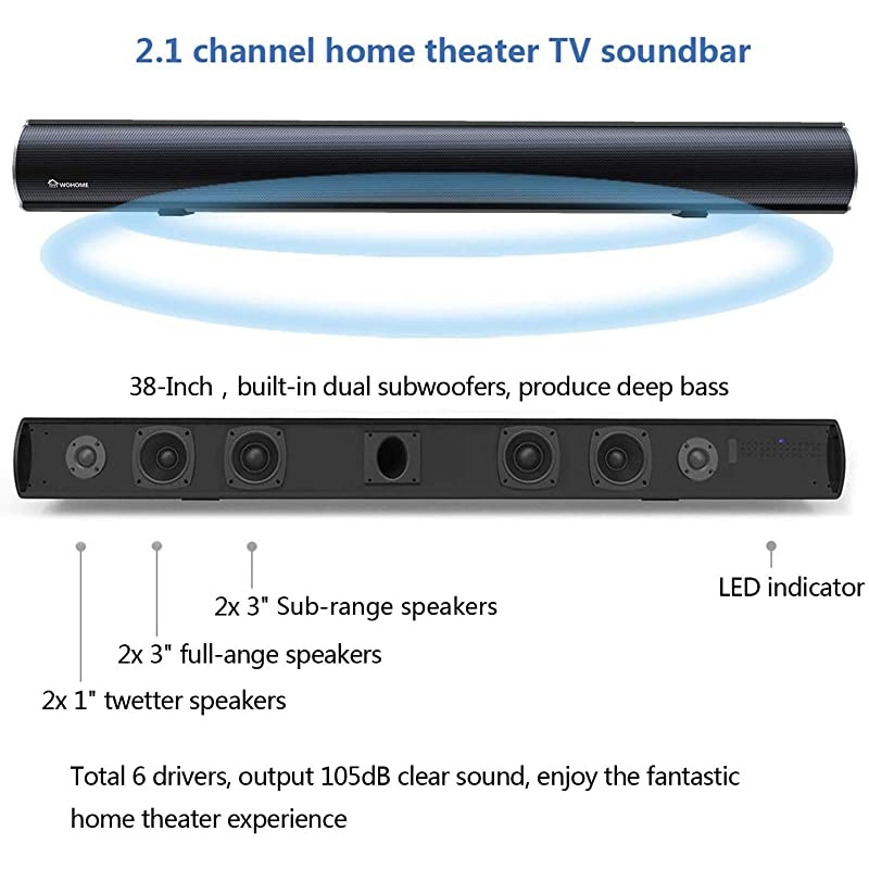 Sound Bar S88 20-Inch 50W Audio Stereo Home Theater Soundbar Speaker, with Bluetooth 5.0, 3D Surround Sound, 3 EQs, Optical/Aux/Coaxial/HDMI/USB, Compatible with 4K & HD & Smart TV