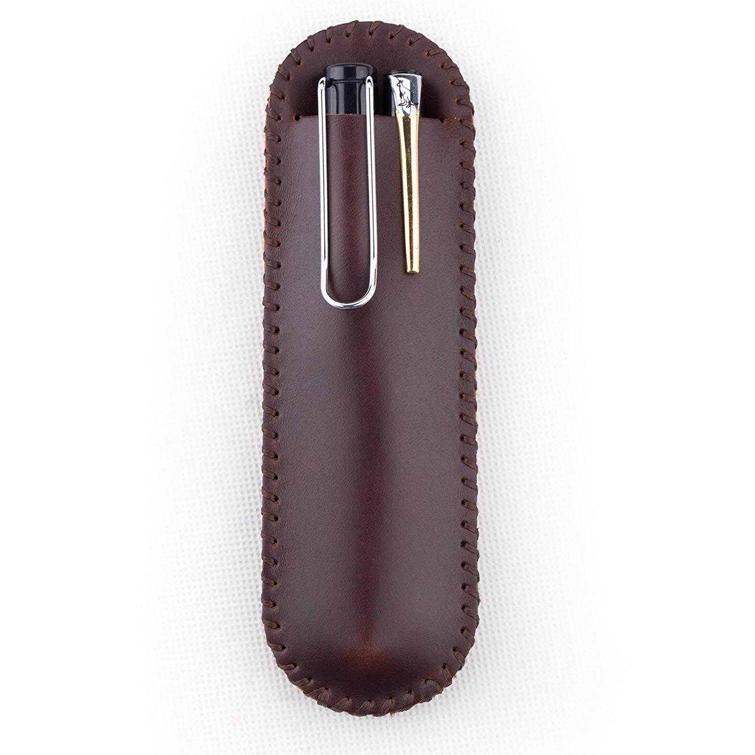 Ancicraft Genuine Leather Pen Sleeve Case Holder Pouch Handmade (For Single or Double Pens, Dark Coffee)