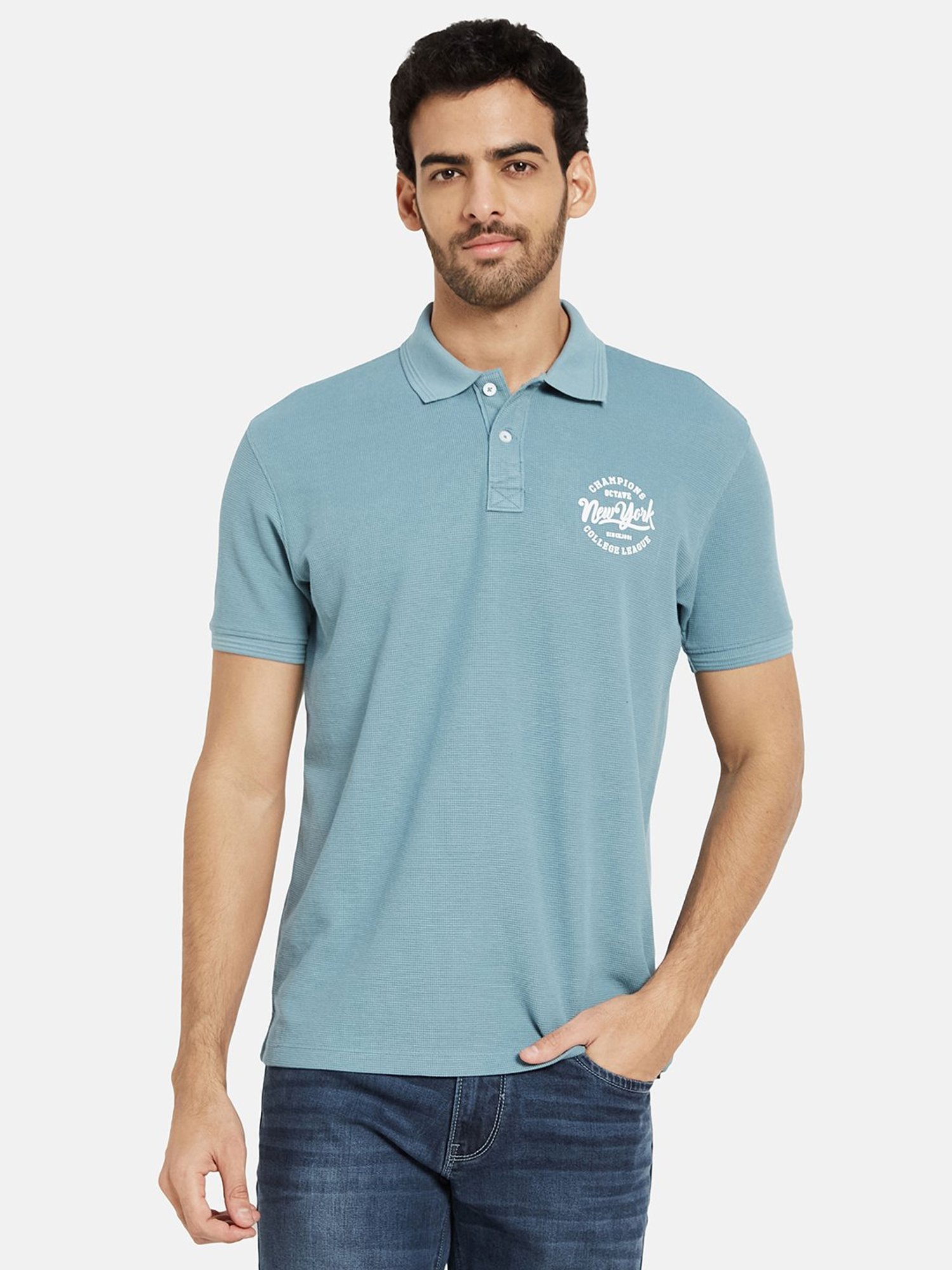 Octave Blue Regular Fit Textured Polo T-Shirt