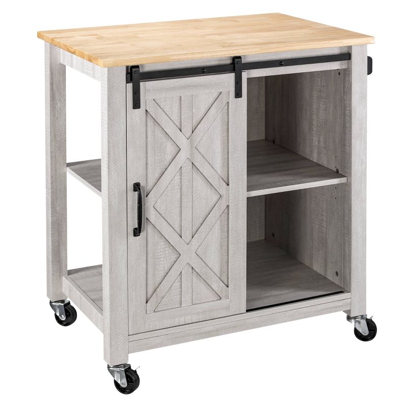 33" Sliding Door Kitchen Cart with Wood Top Saw Cut White - Home Essentials