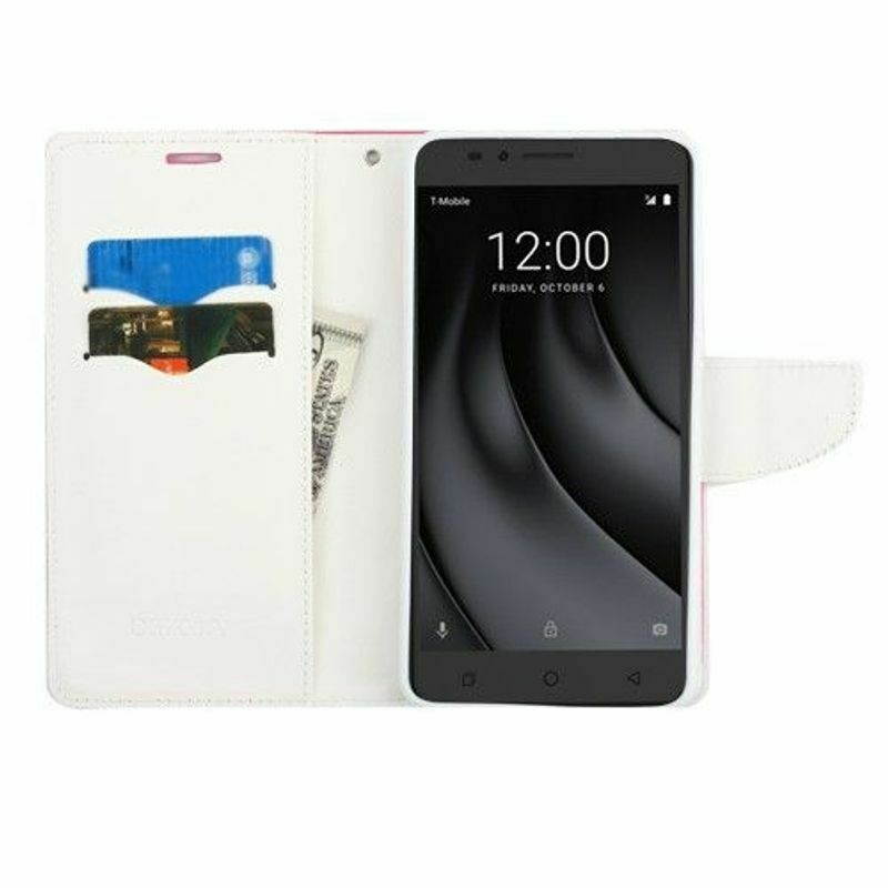 For Coolpad Revvl Plus T-Mobile Hot Pink White MyJacket Leather Case w/stand