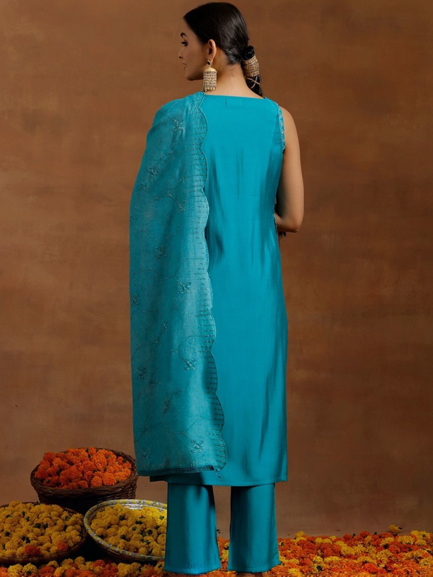 Libas Blue Straight Fit Kurta Pant Set With Dupatta