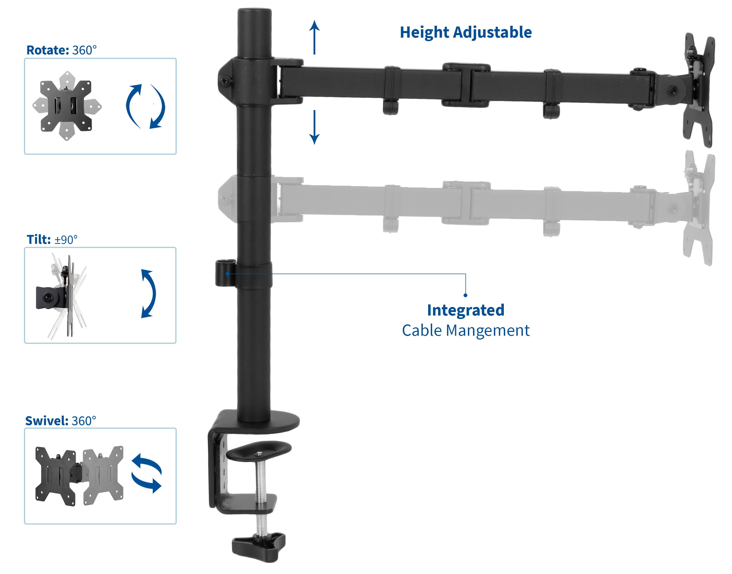 VIVO Full Motion Single VESA Monitor Desk Mount Stand with Double Center Arm Joint | For 13" to 32" Screen (STAND-V101D)