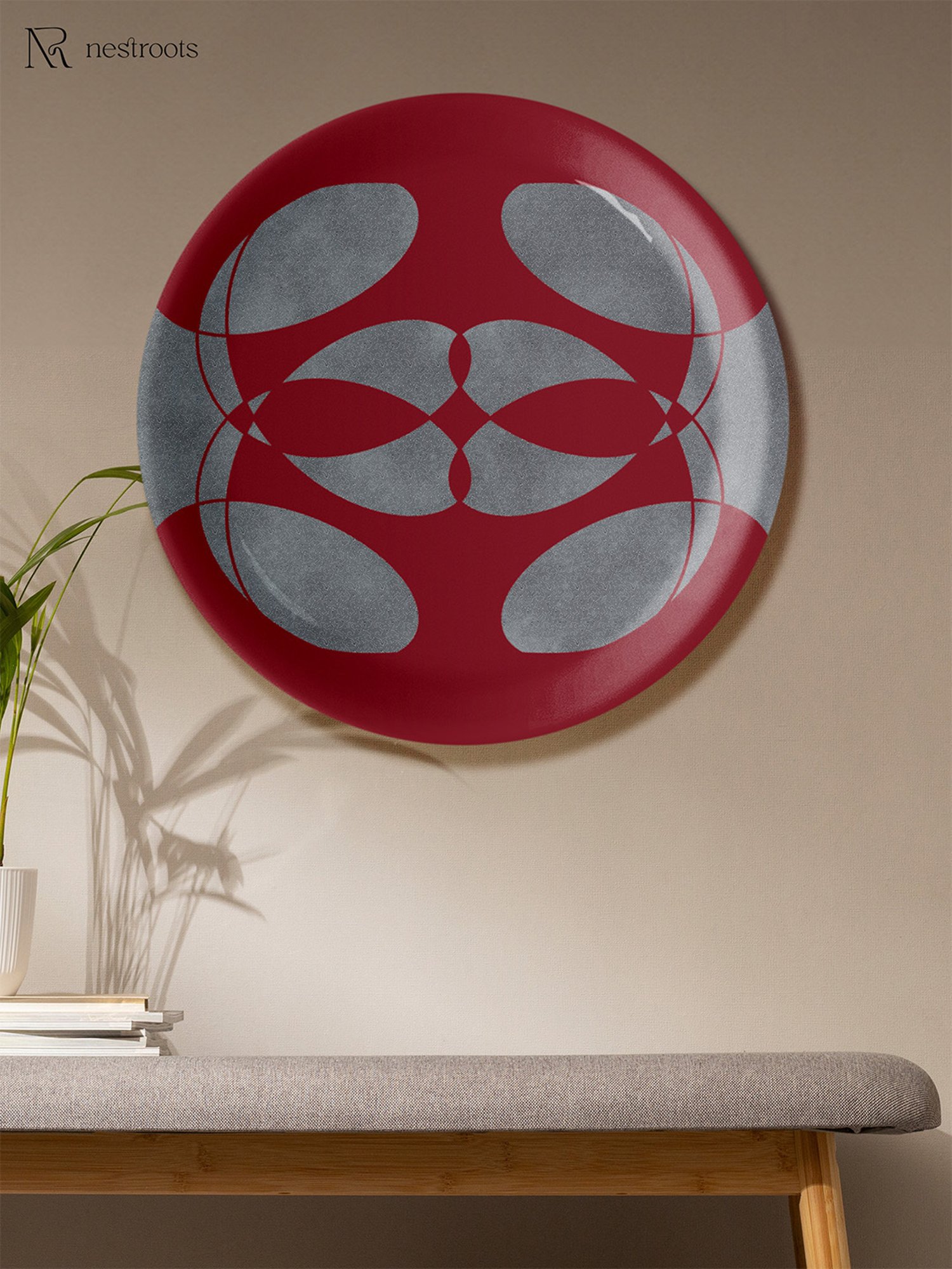 Nestroots Fiery Swirls Maroon & White Porcelain&iquest;Decorative Wall Plate