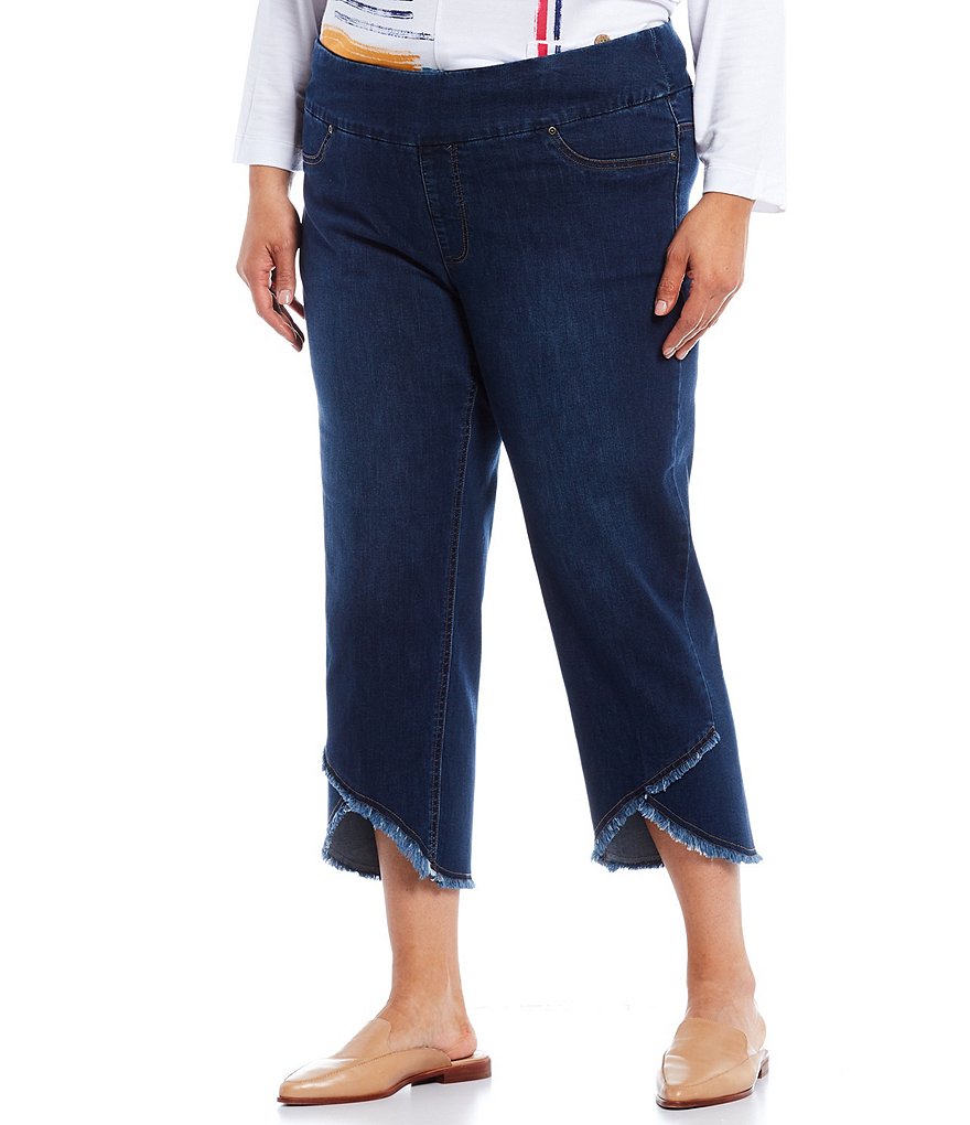 Multiples Plus Size Wide Waistband Pull-On Fringed Lapped Hem Crop Pants