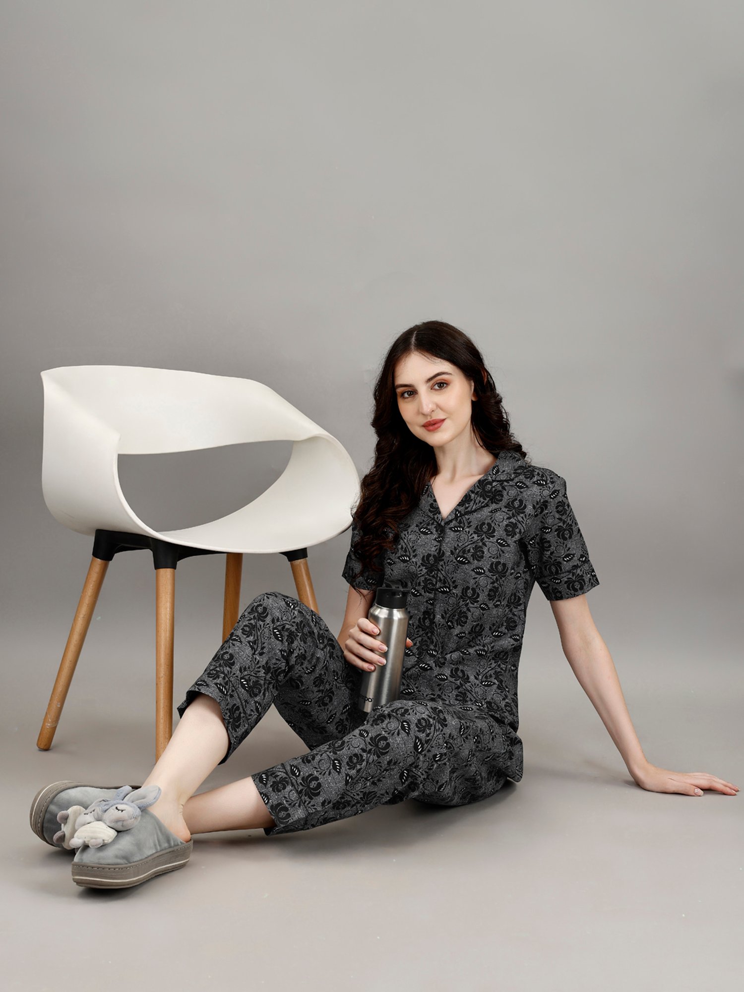 Smarty Pants Black Floral Print Shirt With Pyjamas