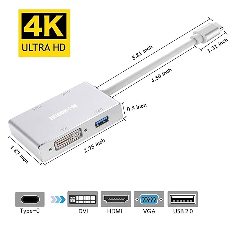 USB C to HDMIDVIVGA Adapter  4 in 1 USB 30 TypeC Hub VGAHDMIDVI Video Adapter 4K UHD Support HDMIampVGA DVIampVGA Simultaneously Male to Female MultiDisplay Video Converter