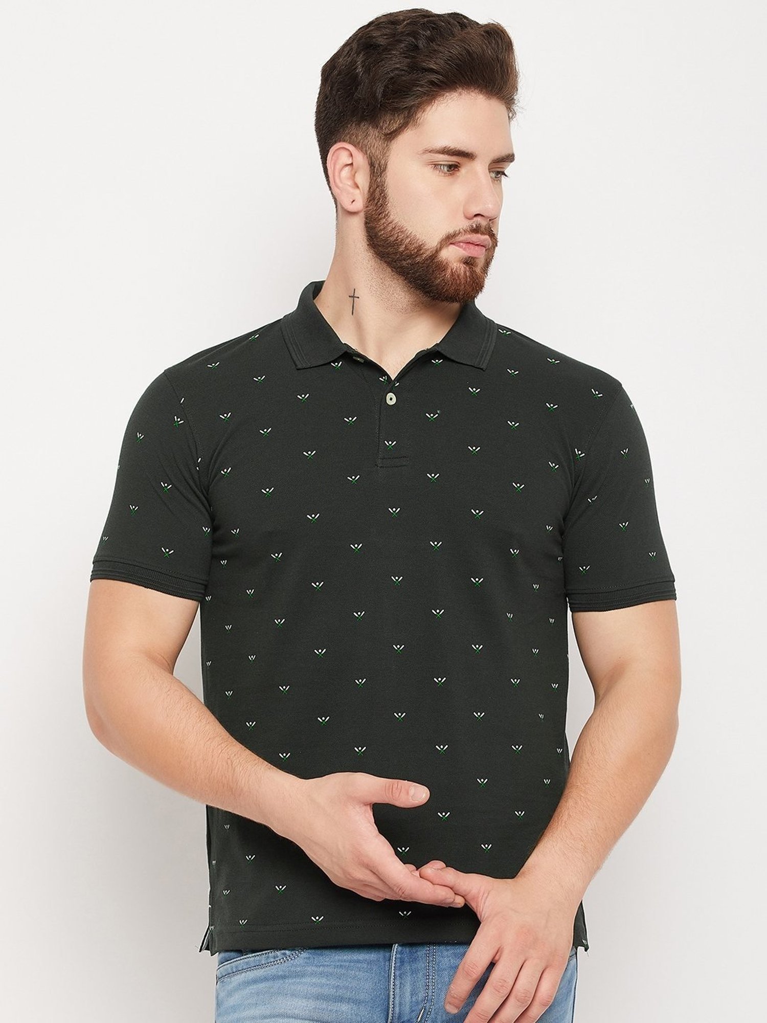 Cantabil Green Cotton Regular Fit Printed Polo T-Shirt