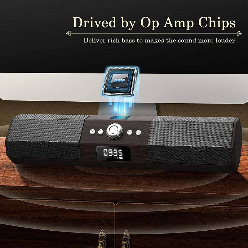 Computer Speakers Bluetooth Soundbar: Gaming Stereo Sound Bar for PC Desktop 20W Wired and Wireless Speaker with Deep Bass Dual-Channel Multimedia for Laptop Smartphones Wooden Enclosure