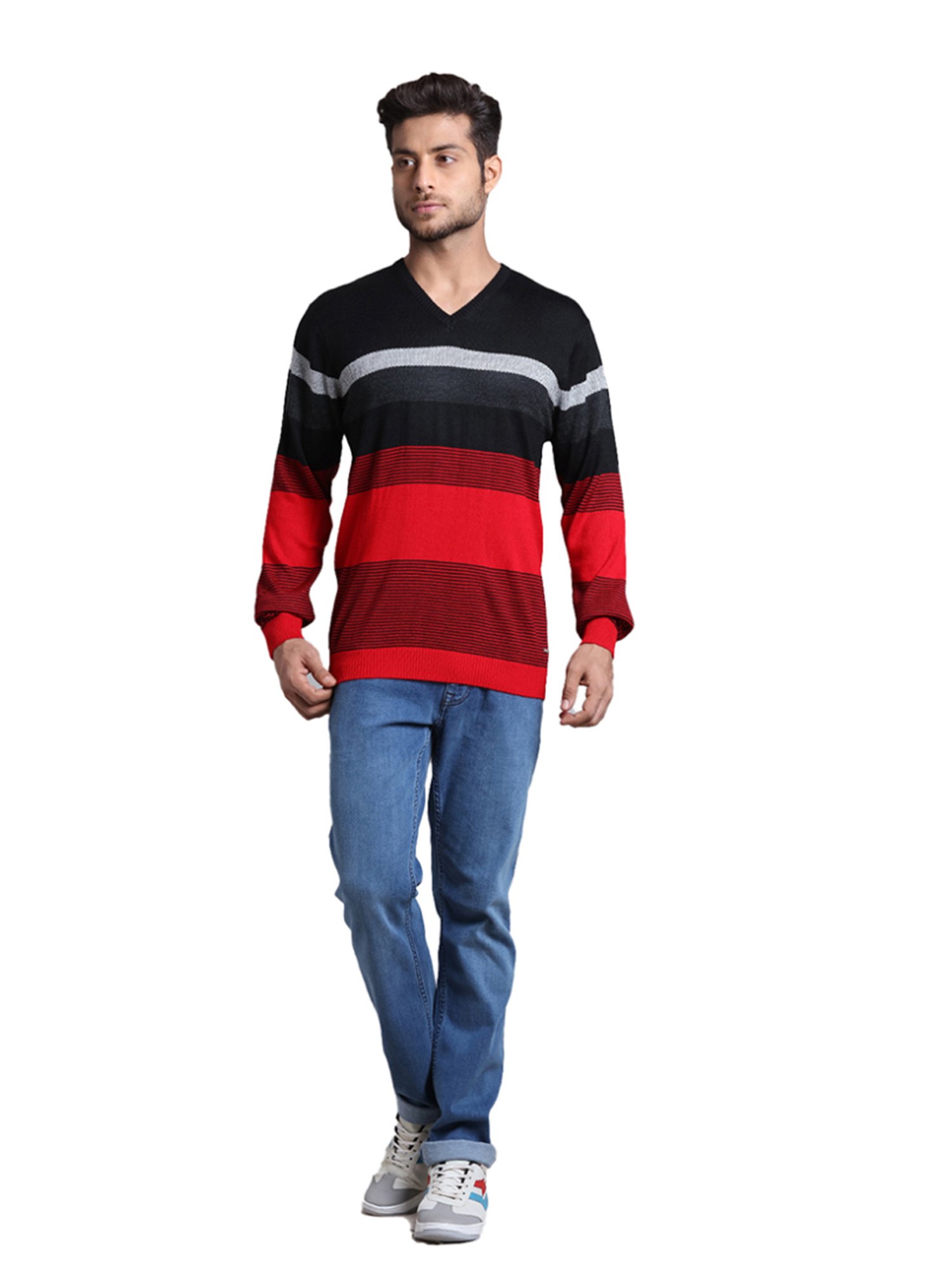 Park Avenue Red & Black Regular Fit Striped Sweater