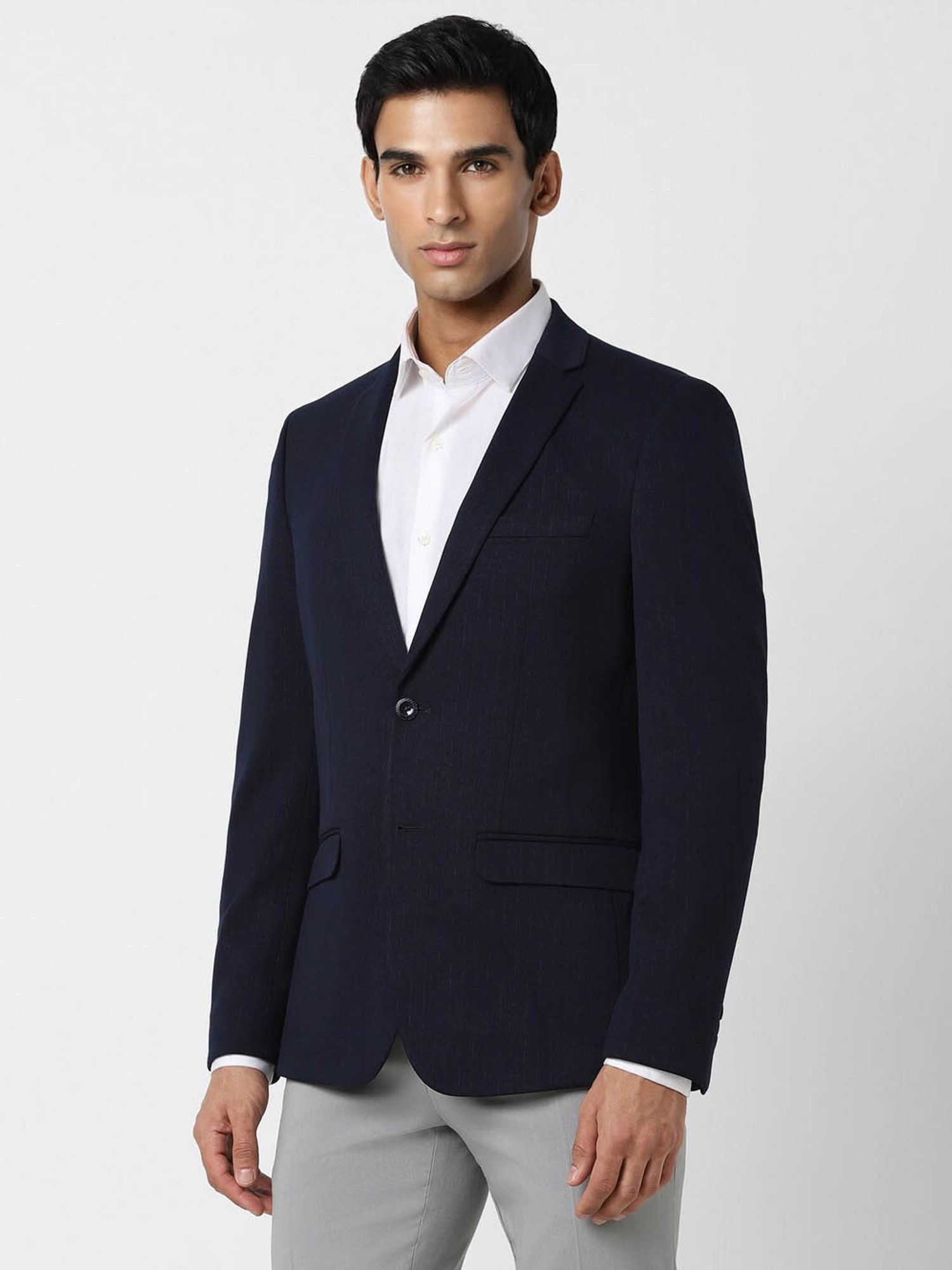 V Dot Navy Blue Skinny Fit Blazer