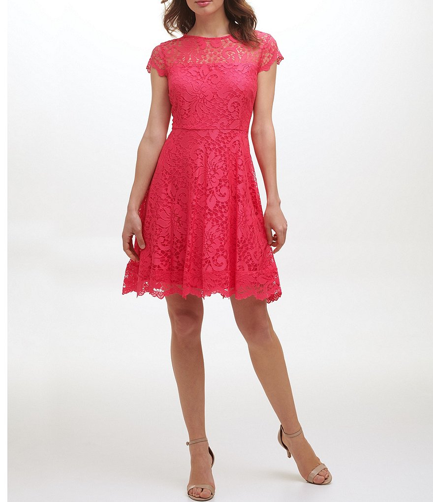 Kensie Illusion Crew Neck Cap Sleeve Lace A-Line Scallop Hem Dress