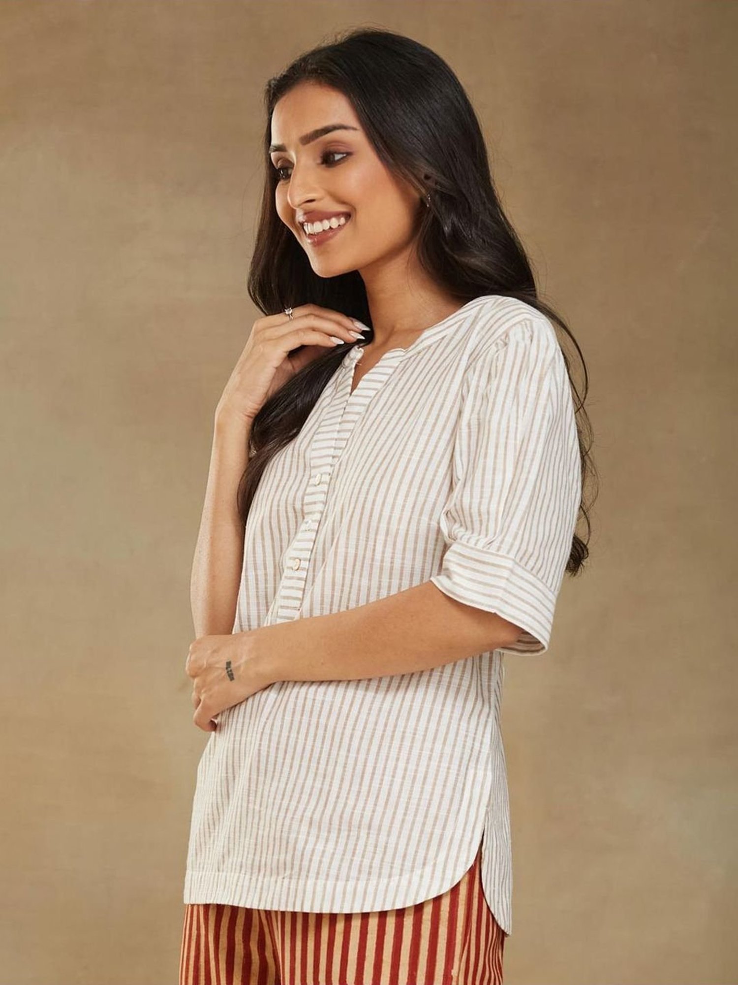 Fabindia White Cotton Striped Top