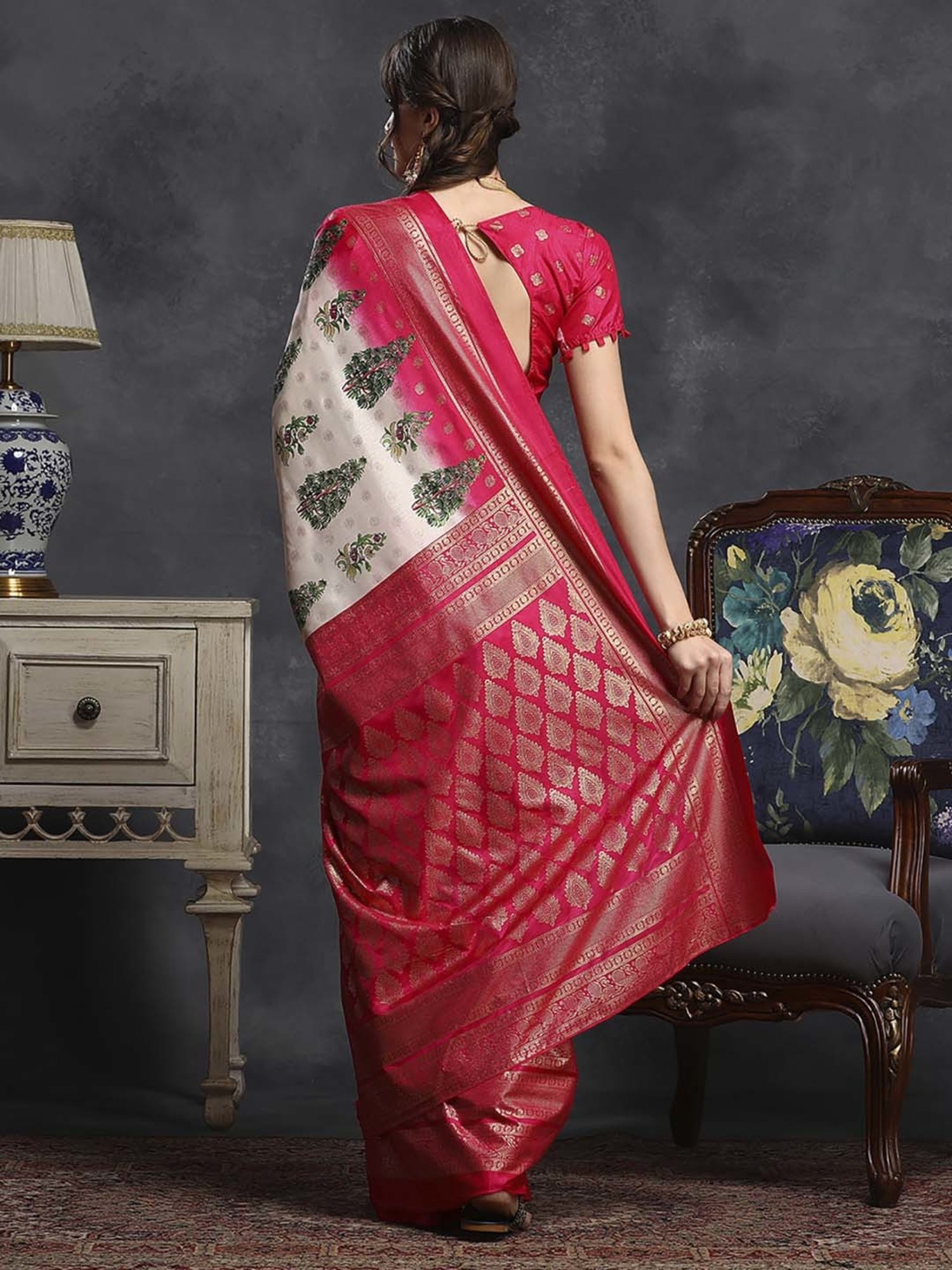 Saree Mall Beige & Pink Silk Printed Saree With Unstitched Blouse