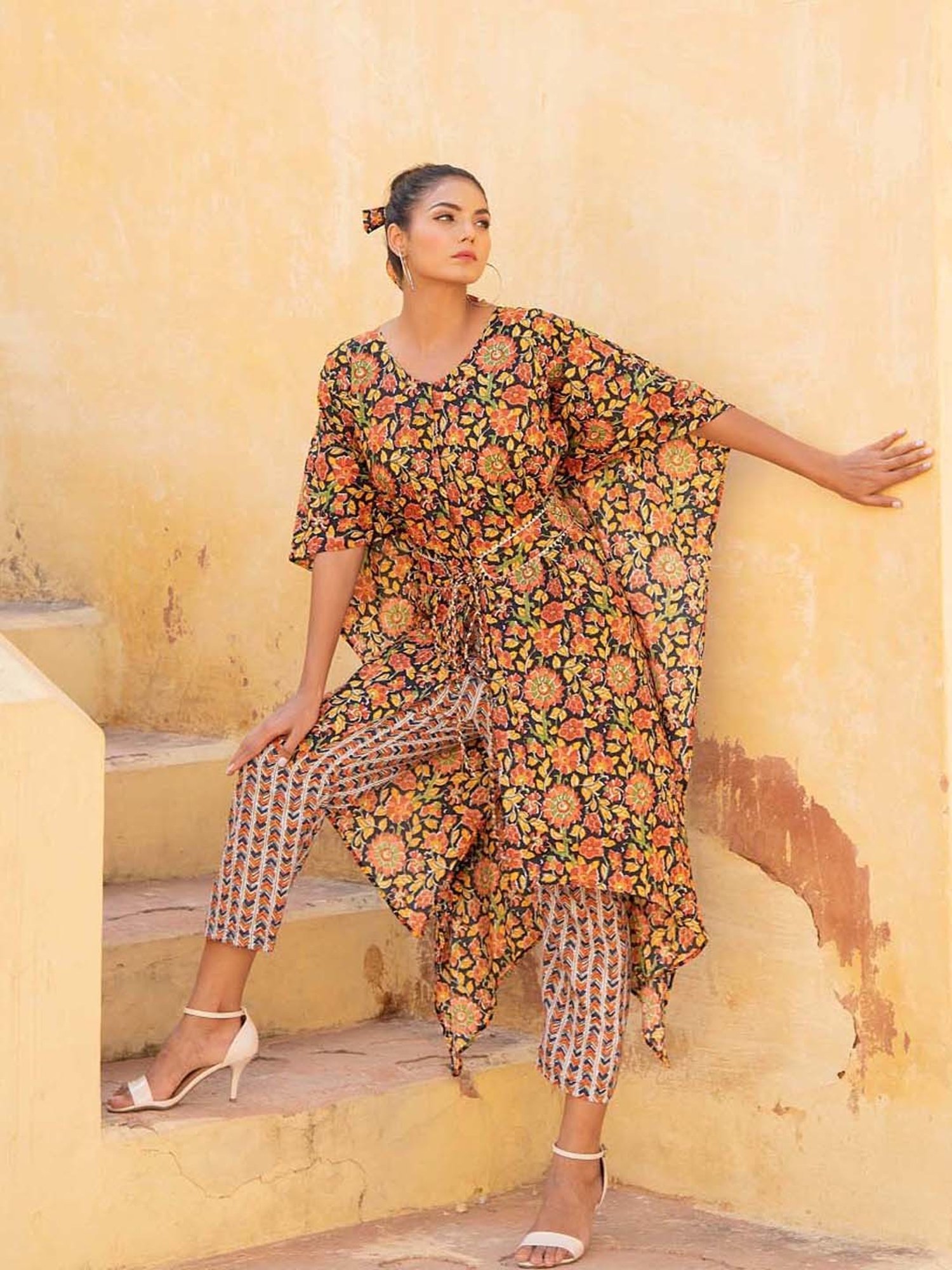 KAORI BY SHREYA AGARWAL Black & Mustard Cotton Printed Kaftan Pant Set