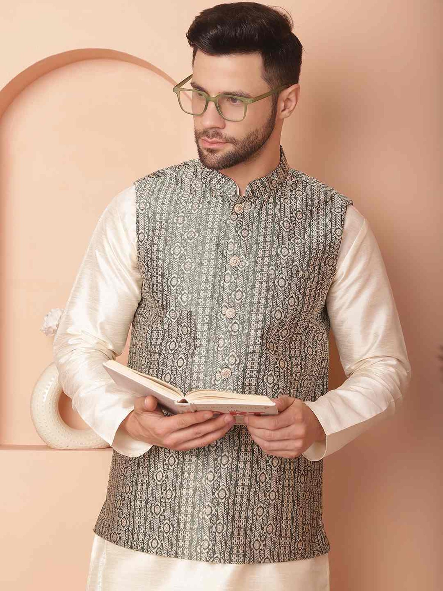 Jompers Green Regular Fit Printed Nehru Jacket