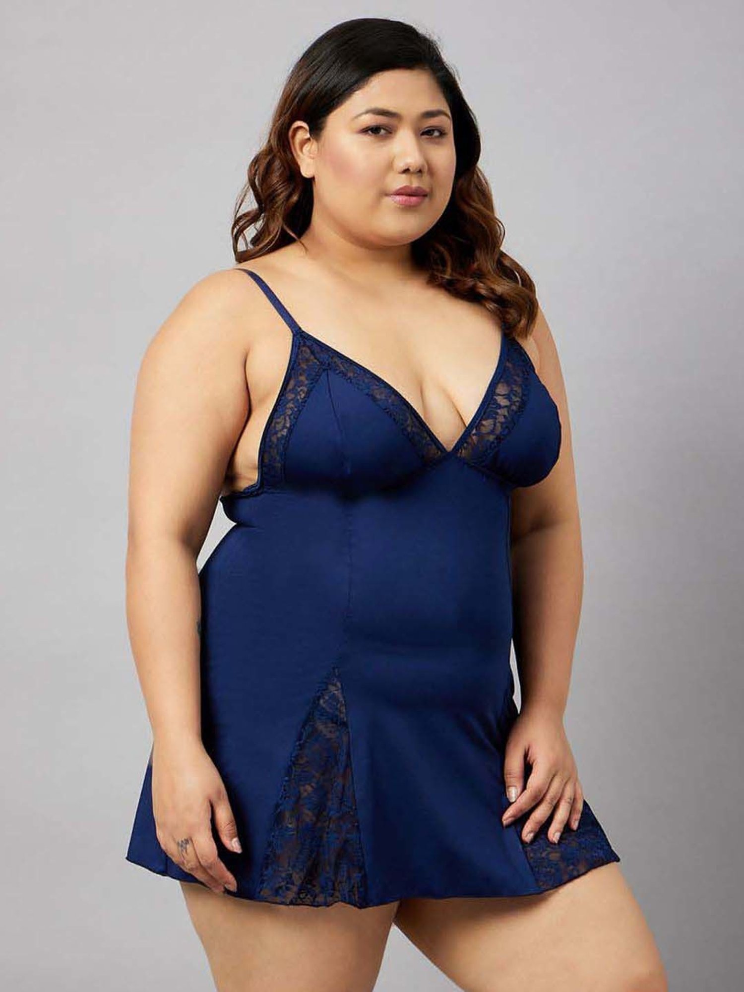 Secrets By ZeroKaata Purple & Navy Lace Work Babydoll with Panty - Pack Of 2