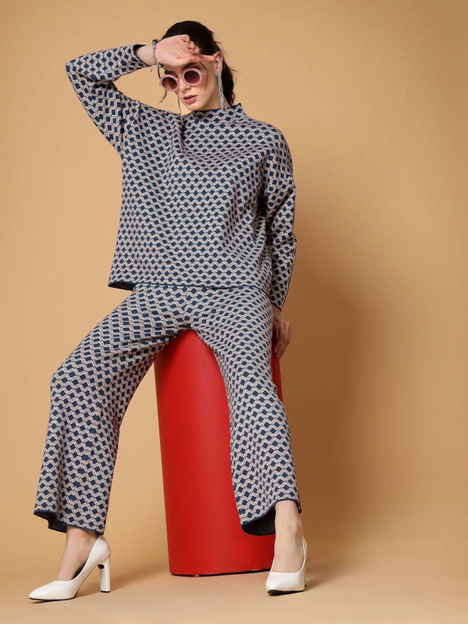 Mafadeny Blue Printed Top Pants Set