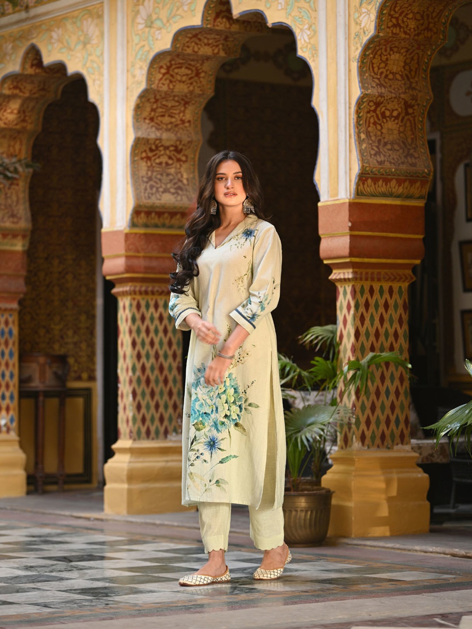 Mahee Jaipur Linen Cotton Aqua Blue floral Placement Print Kurta Set