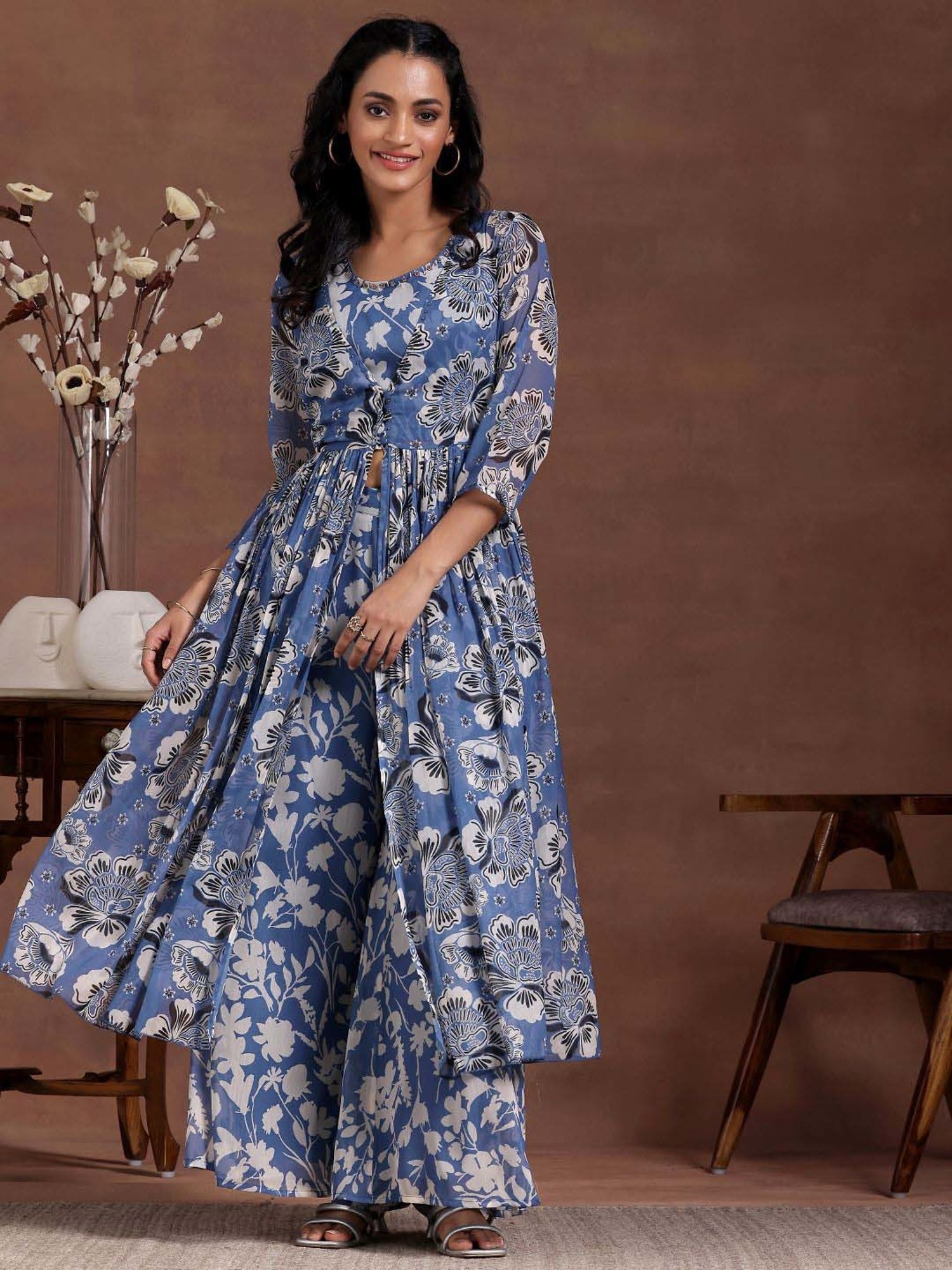 Libas Blue Printed Polyester Co-Ords With Shrug