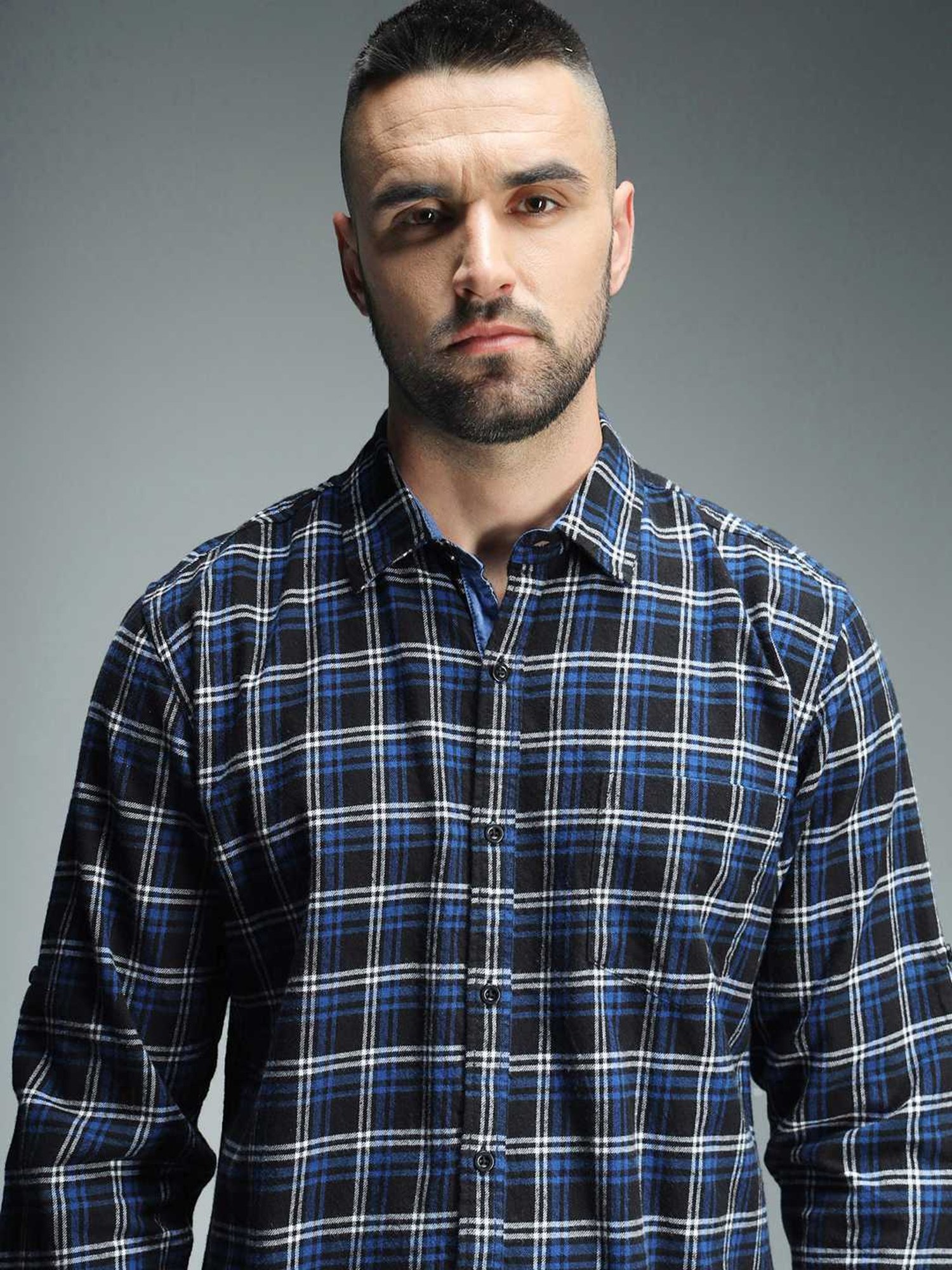 High Star Blue Cotton Regular Fit Checks Shirt