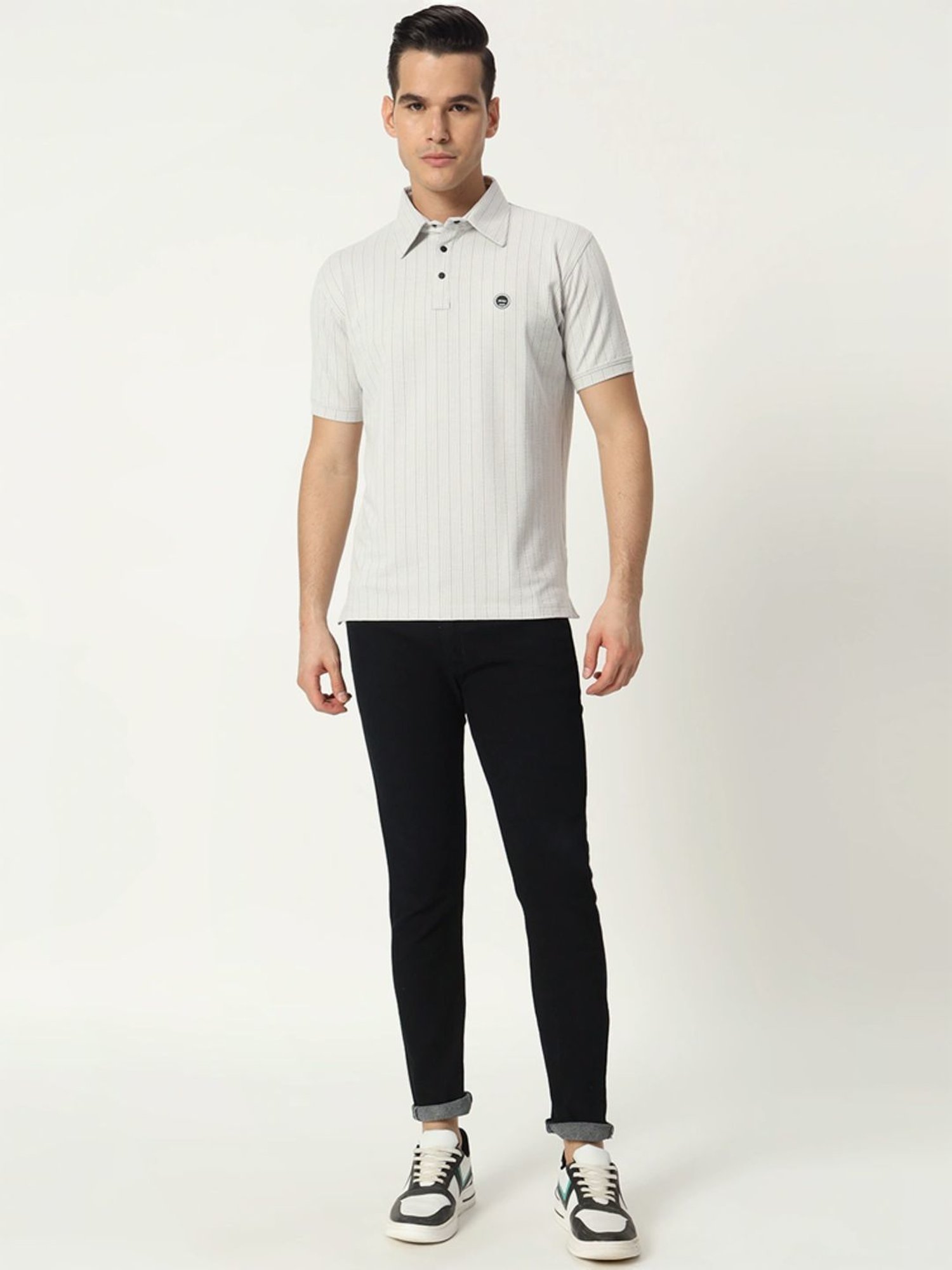 Tab91 White Regular Fit Striped Polo T-Shirts