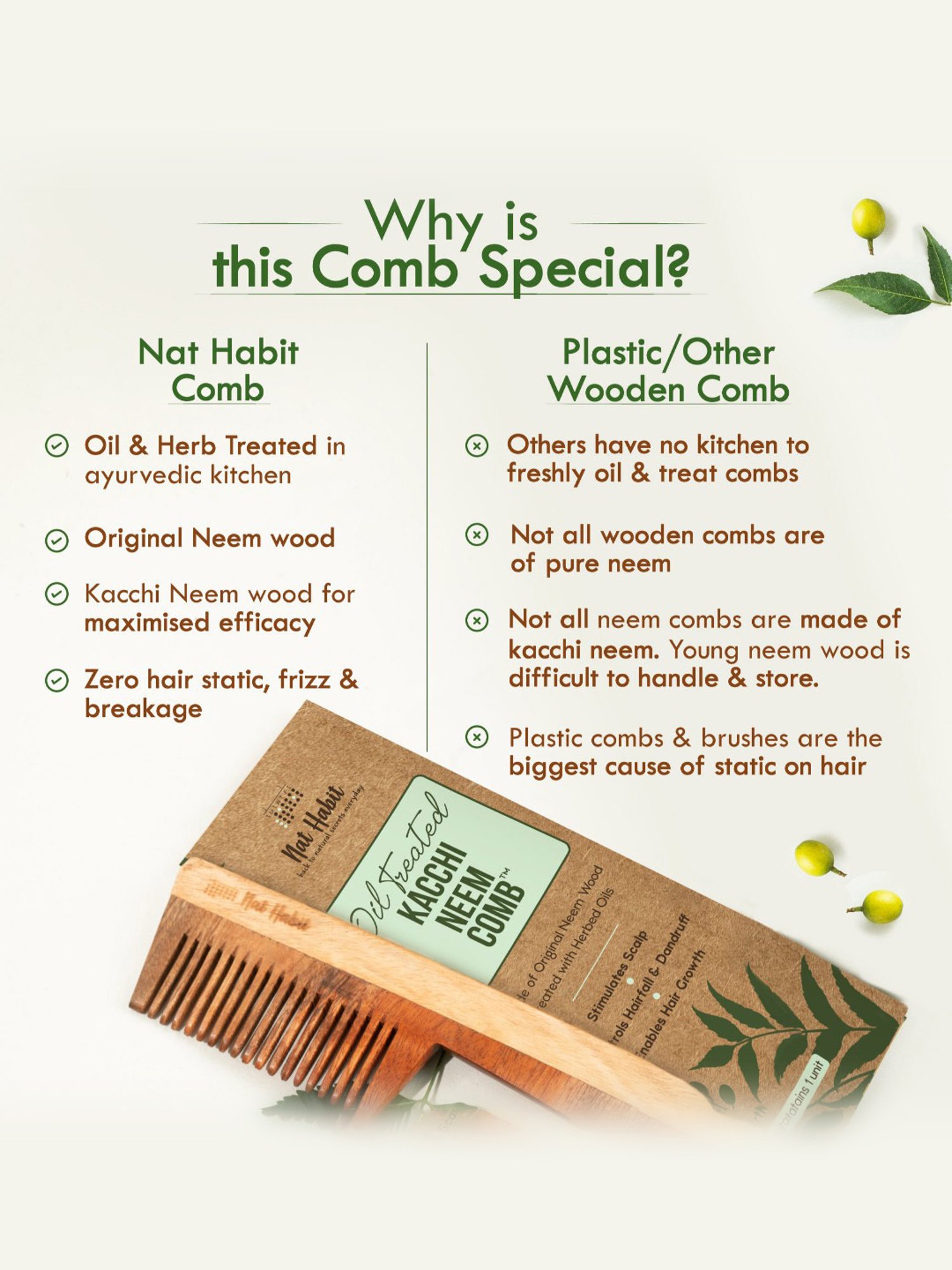 Nat Habit Fine Tooth Kacchi Neem Comb - 1 Pc