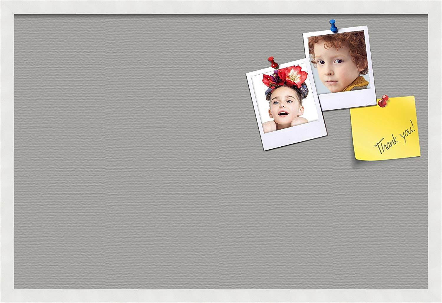 PinPix custom printed pin cork bulletin board made from canvas, Dark Stone 30x20 Inches (Completed Size) and framed in Satin White Frame (PinPix-Group-89)