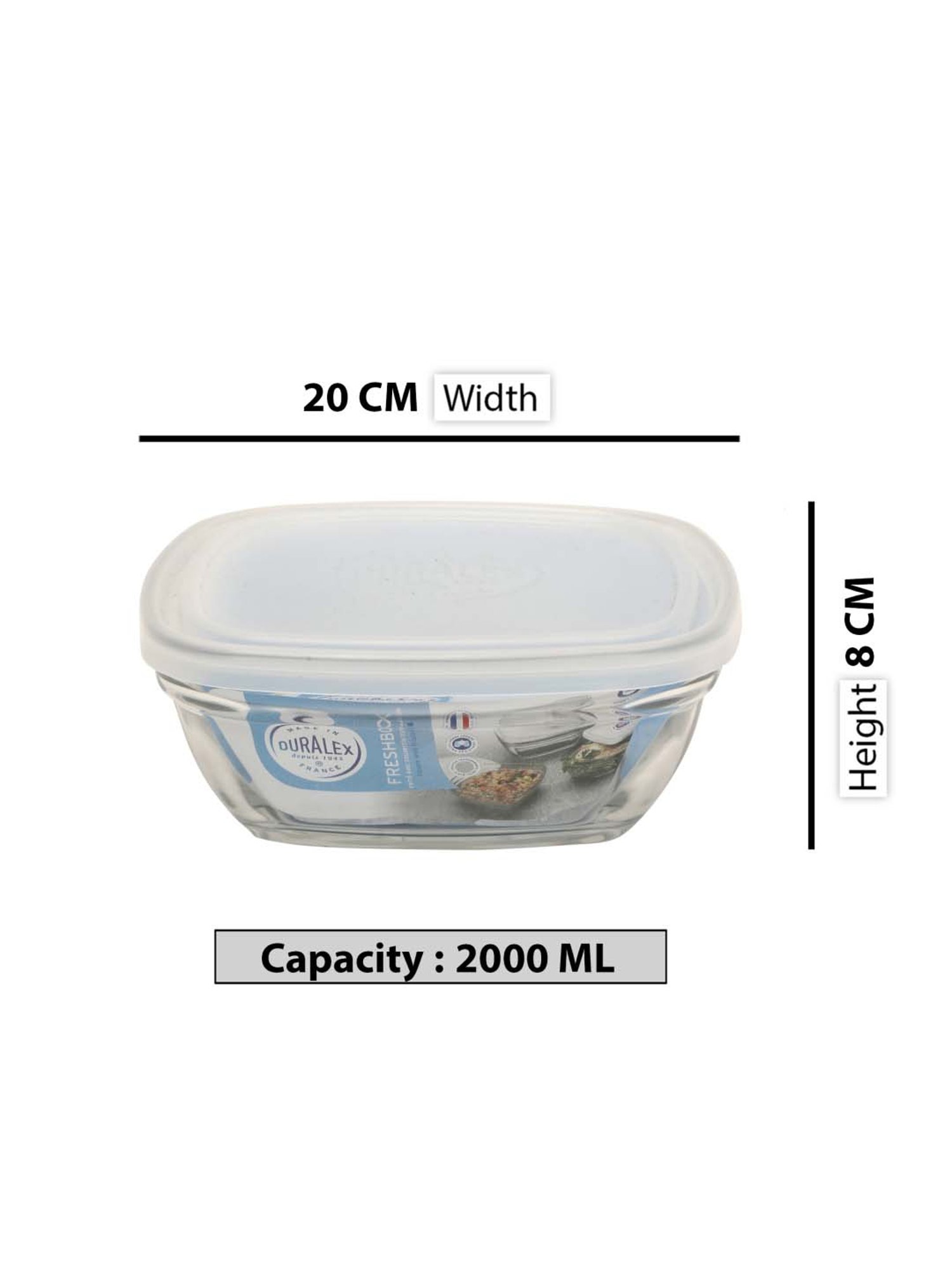 Duralex 'Freshbox' Transparent & White Glass 20 cm Container With Lid (2 L) - Set of 2